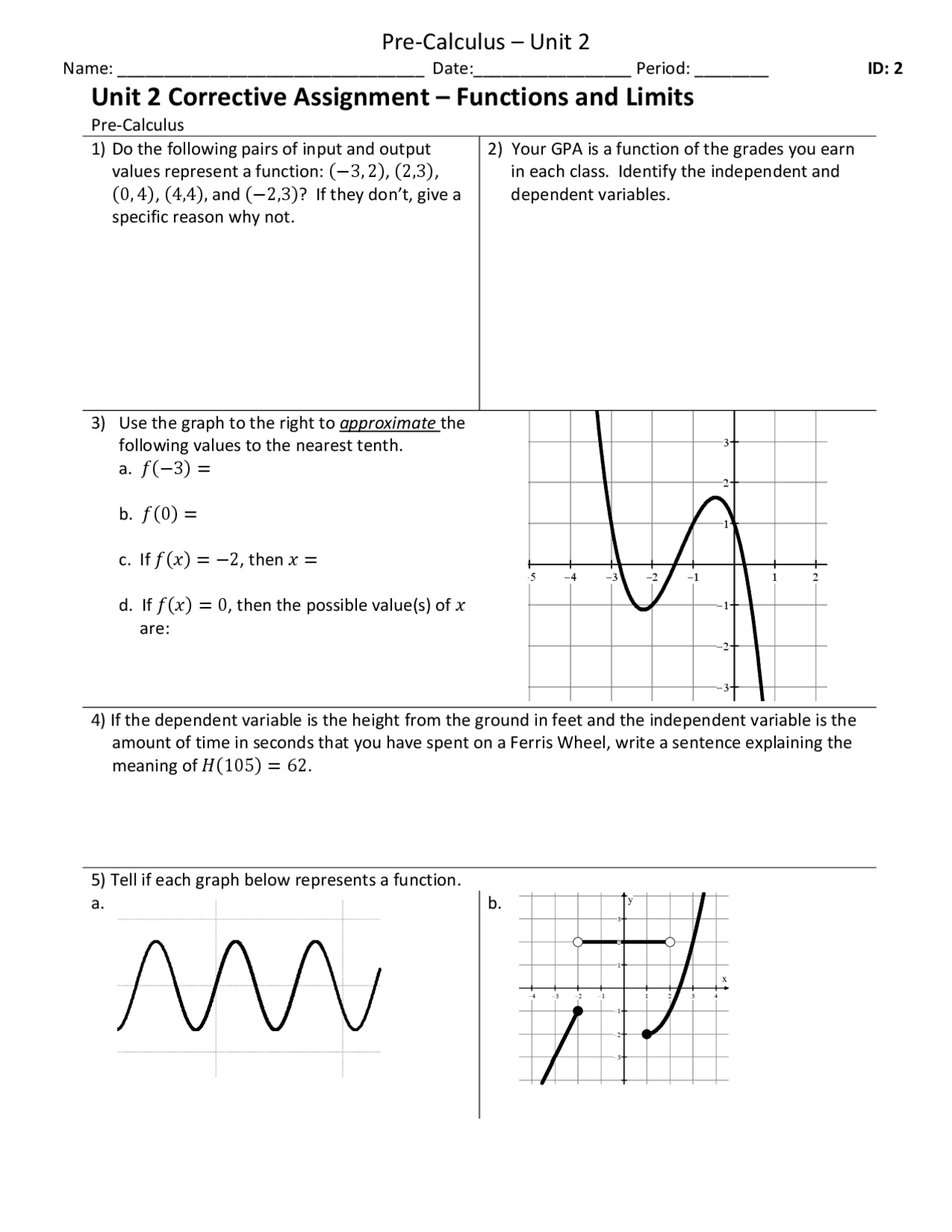 Unit 2 Corrective Assignment – Functions and Limits | Lecture notes Pre ...