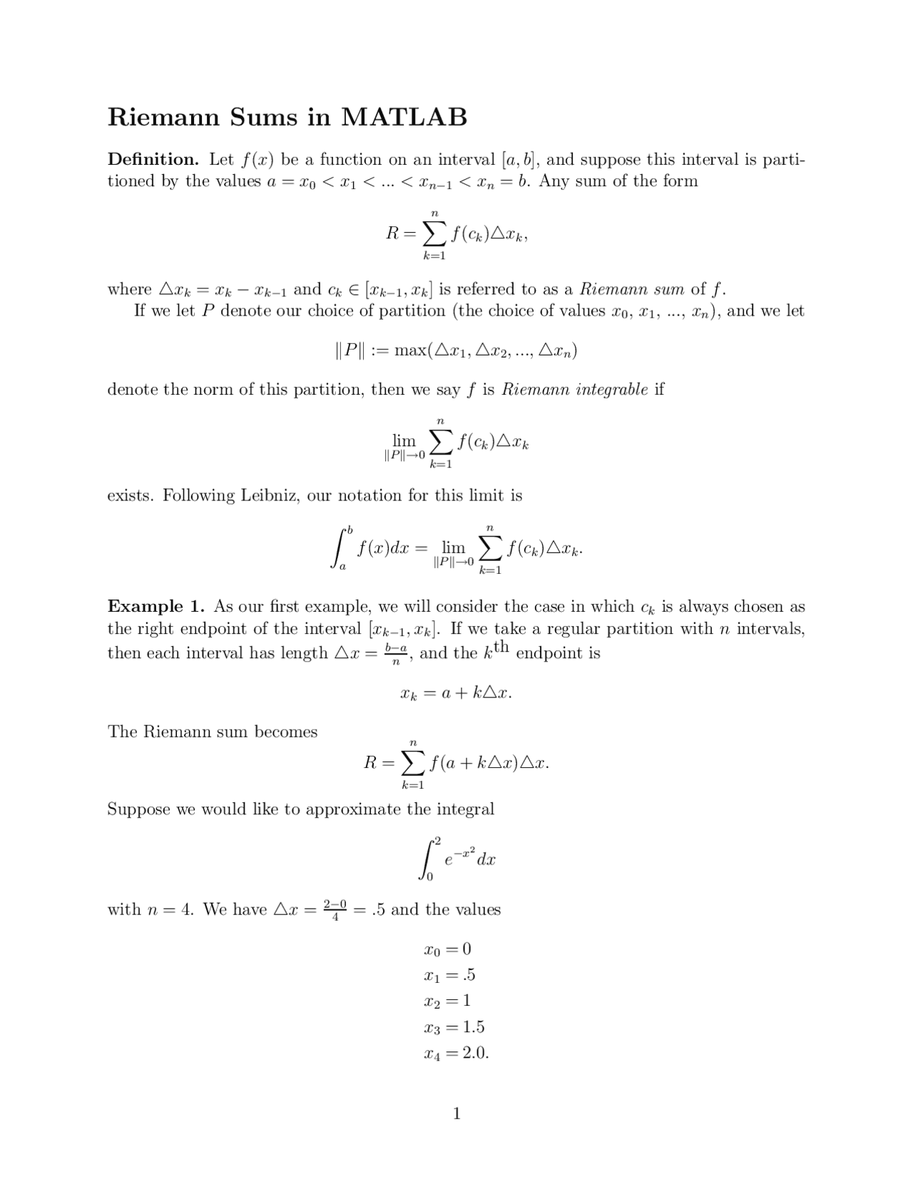 Riemann Sums in MATLAB | Schemes and Mind Maps Matlab skills | Docsity