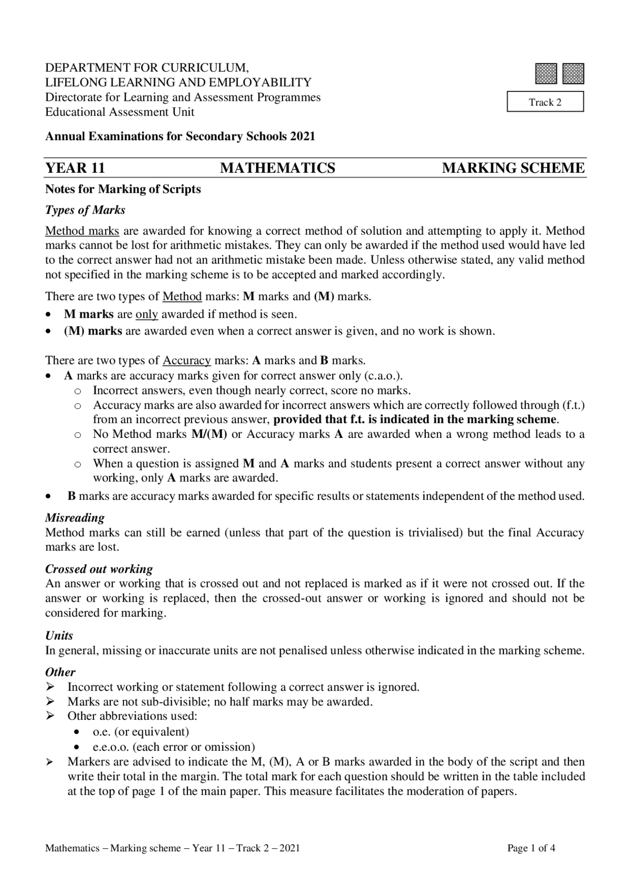 YEAR 11 MATHEMATICS MARKING SCHEME | Slides Mathematics | Docsity