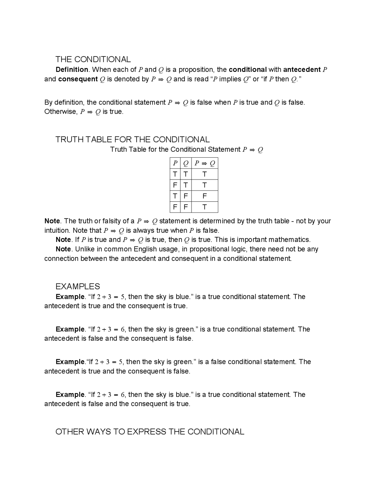 THE CONDITIONAL TRUTH TABLE FOR THE CONDITIONAL ... | Slides ...