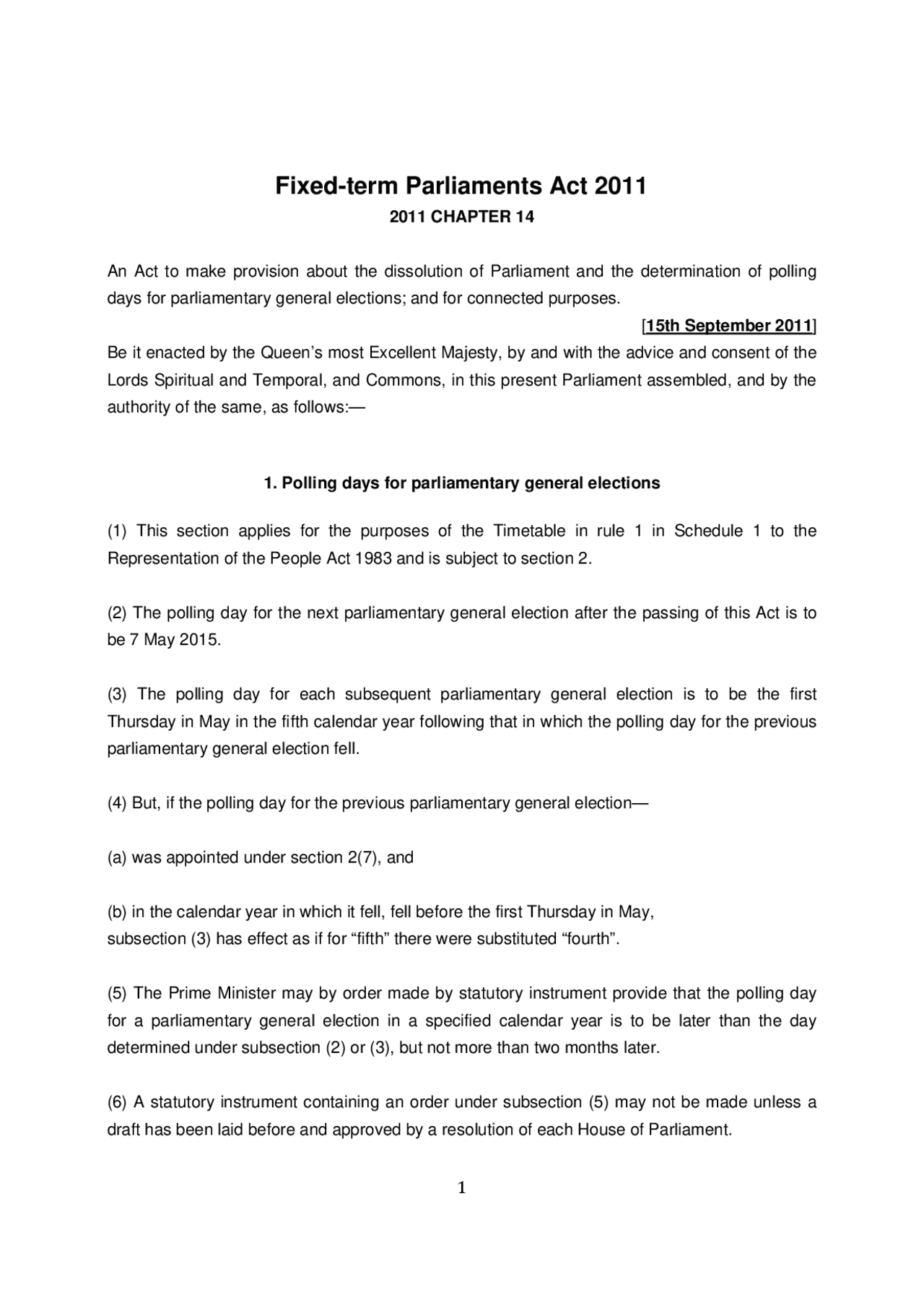 Fixedterm Parliaments Act 2011 Lecture notes Constitutional Law