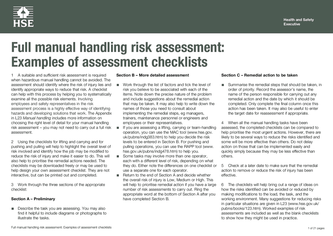 Full manual handling risk assessment: Examples of ... | Guías ...