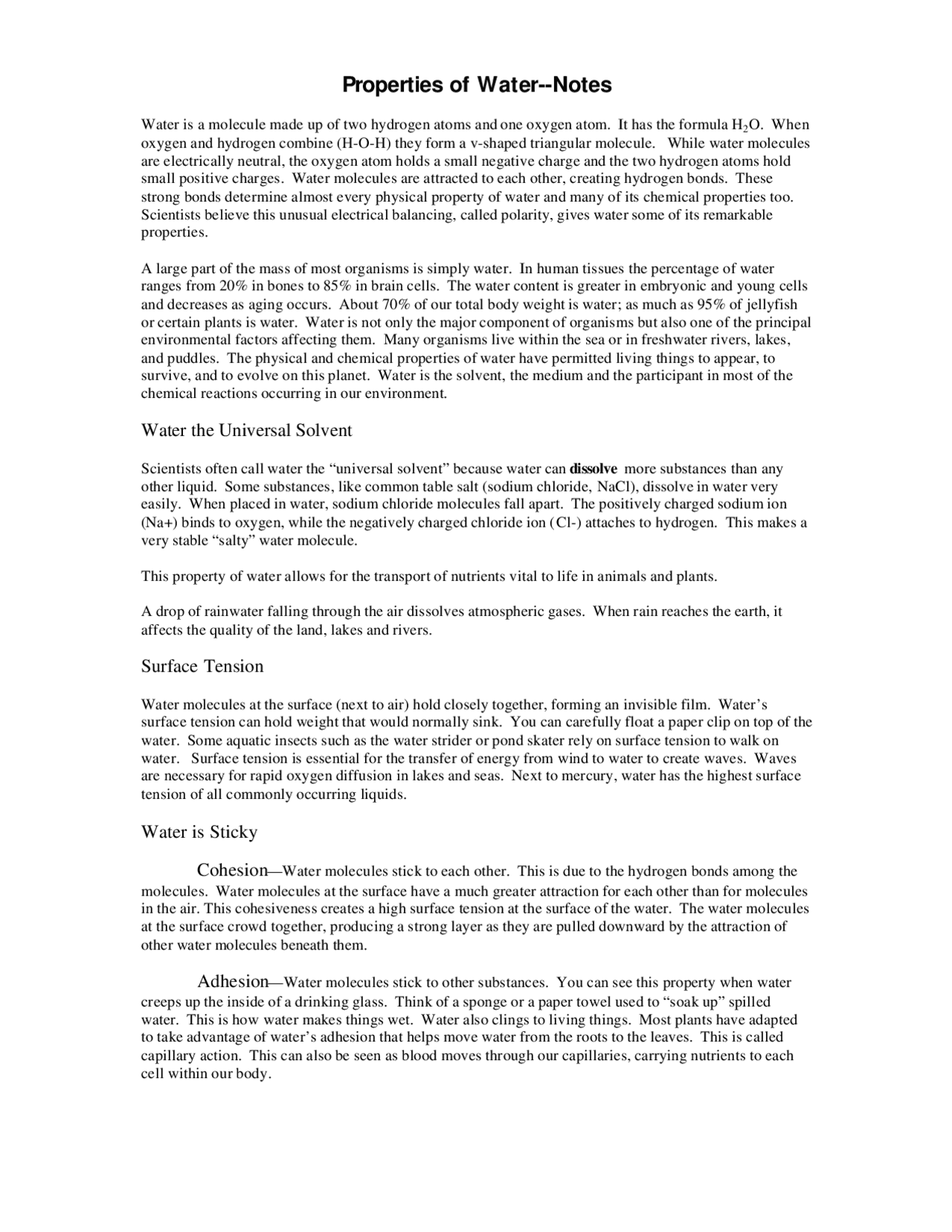 Properties of Water--Notes | Lecture notes Chemical Processes | Docsity