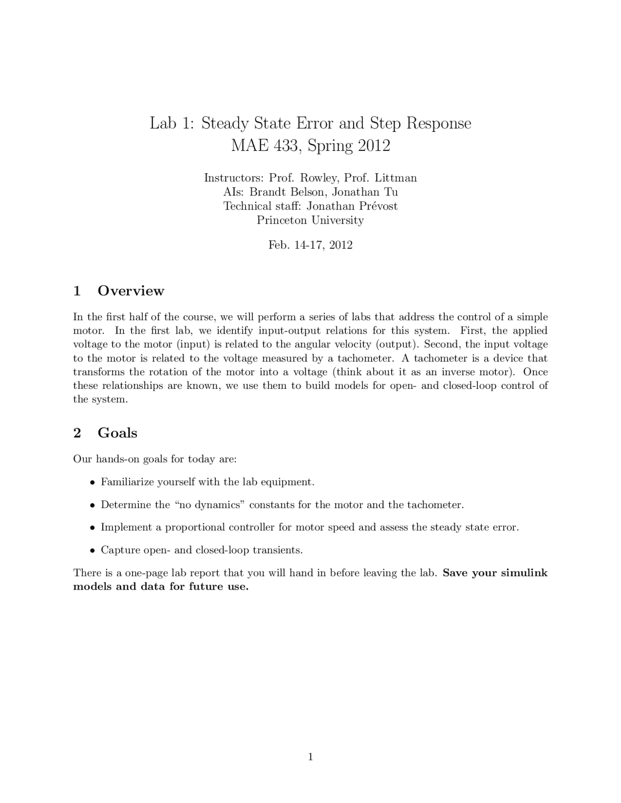 Lab 1: Steady State Error and Step Response MAE 433 ... | Lecture notes ...