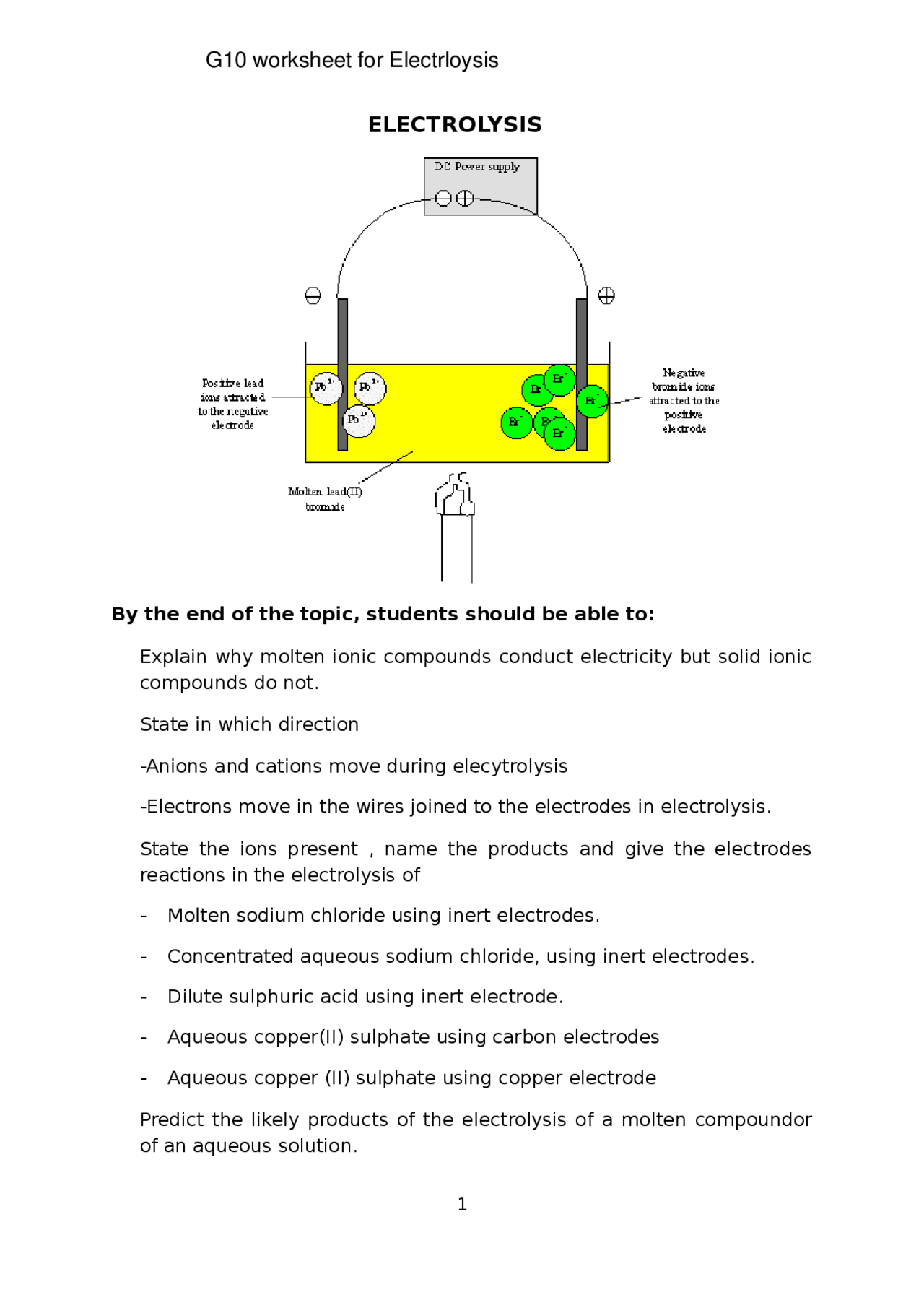 ELECTROLYSIS G10 worksheet for Electrloysis | Study notes Chemistry ...