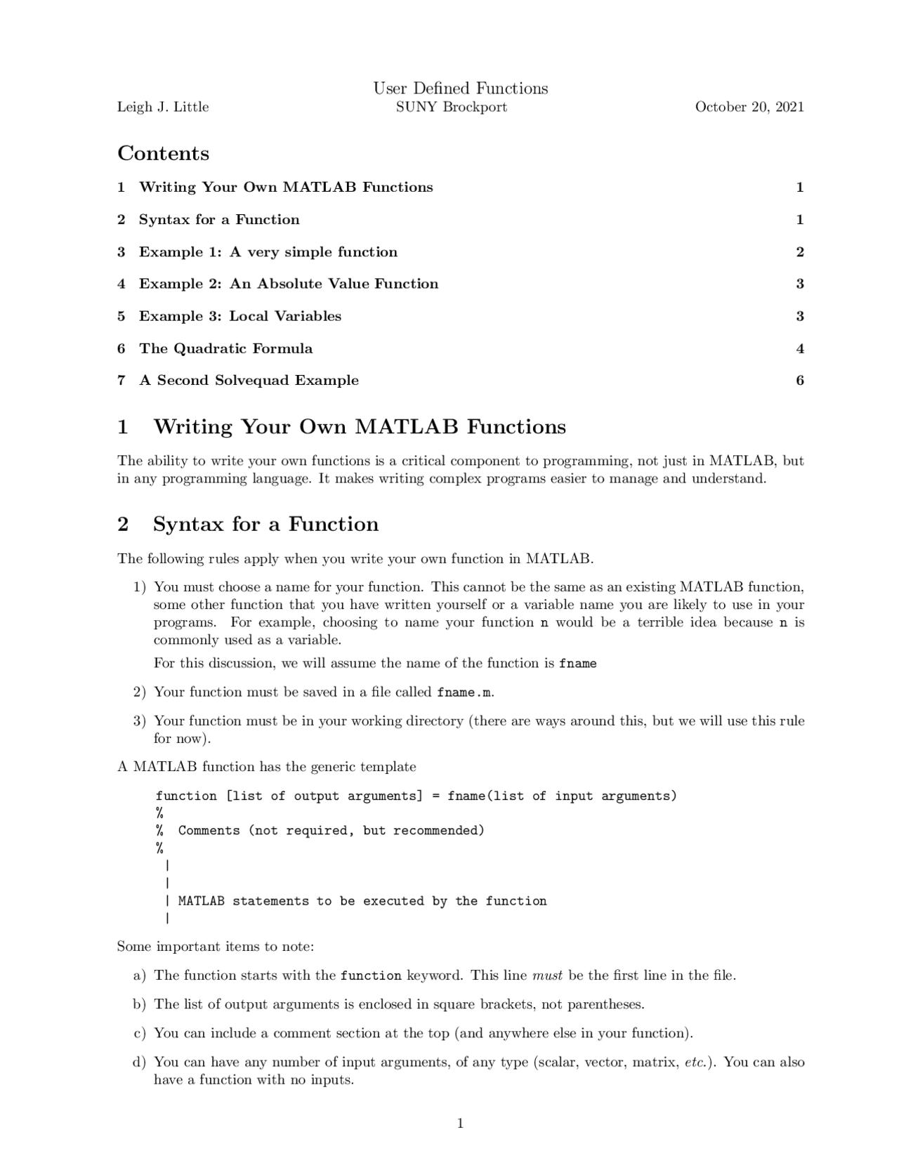 Contents 1 Writing Your Own MATLAB Functions 2 Syntax for ... | Study ...