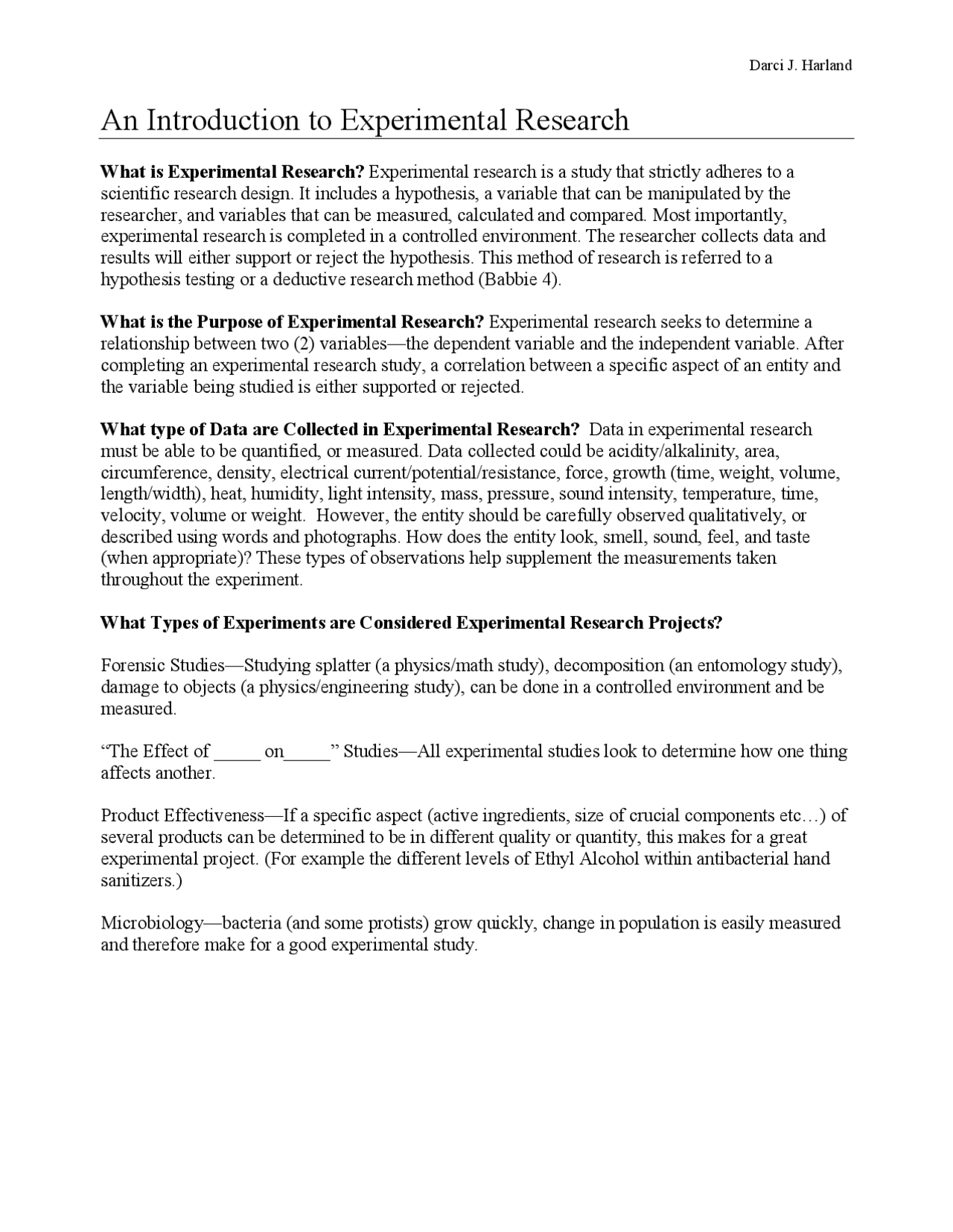 An Introduction to Experimental Research | Lecture notes Design | Docsity