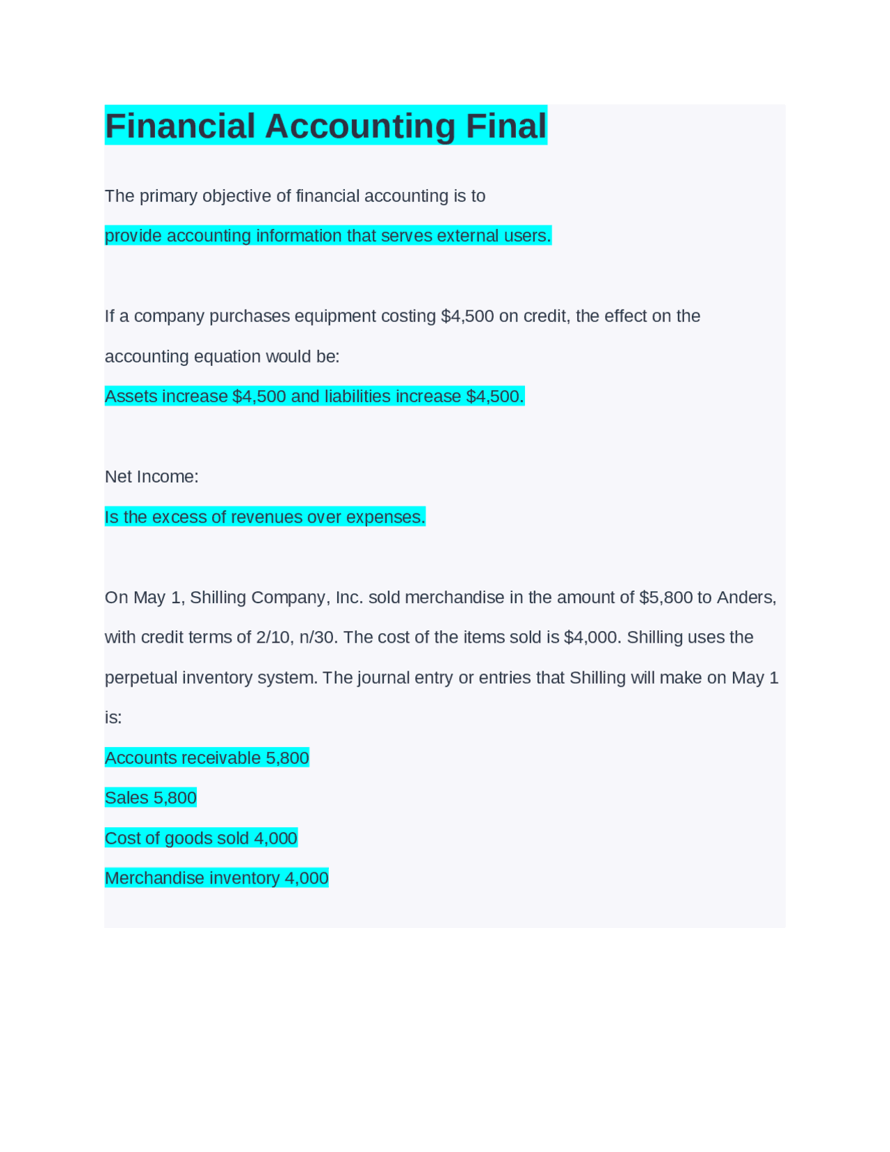 Financial Accounting Final Exams Accounting Docsity