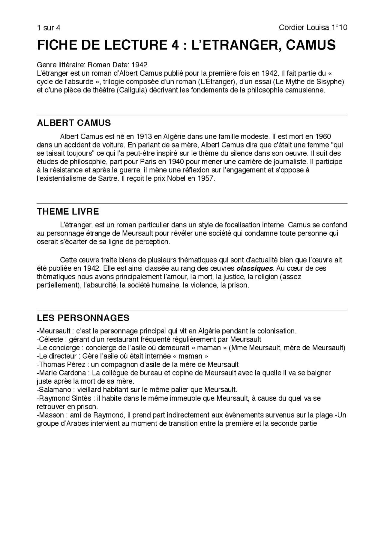 L Etranger Albert Camus Personnages FL4 L'ETRANGER, CAMUS | Résumés Français | Docsity