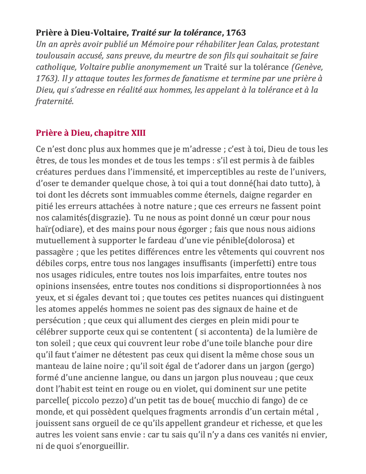 Prière à DieuVoltaire, Traité sur la tolérance, 1763 Dispense di