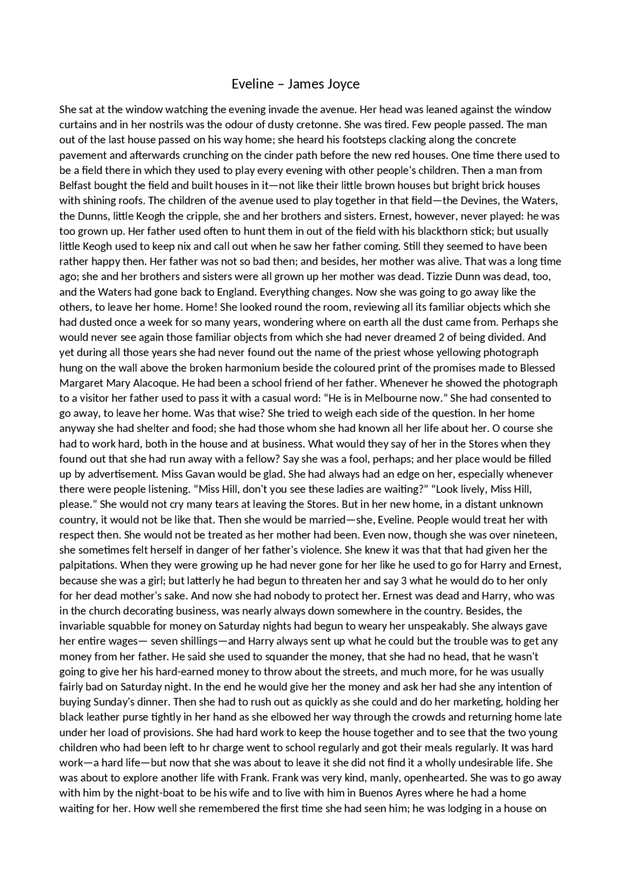 Testo e traduzione dell'opera Eveline James Joyce Collegamenti