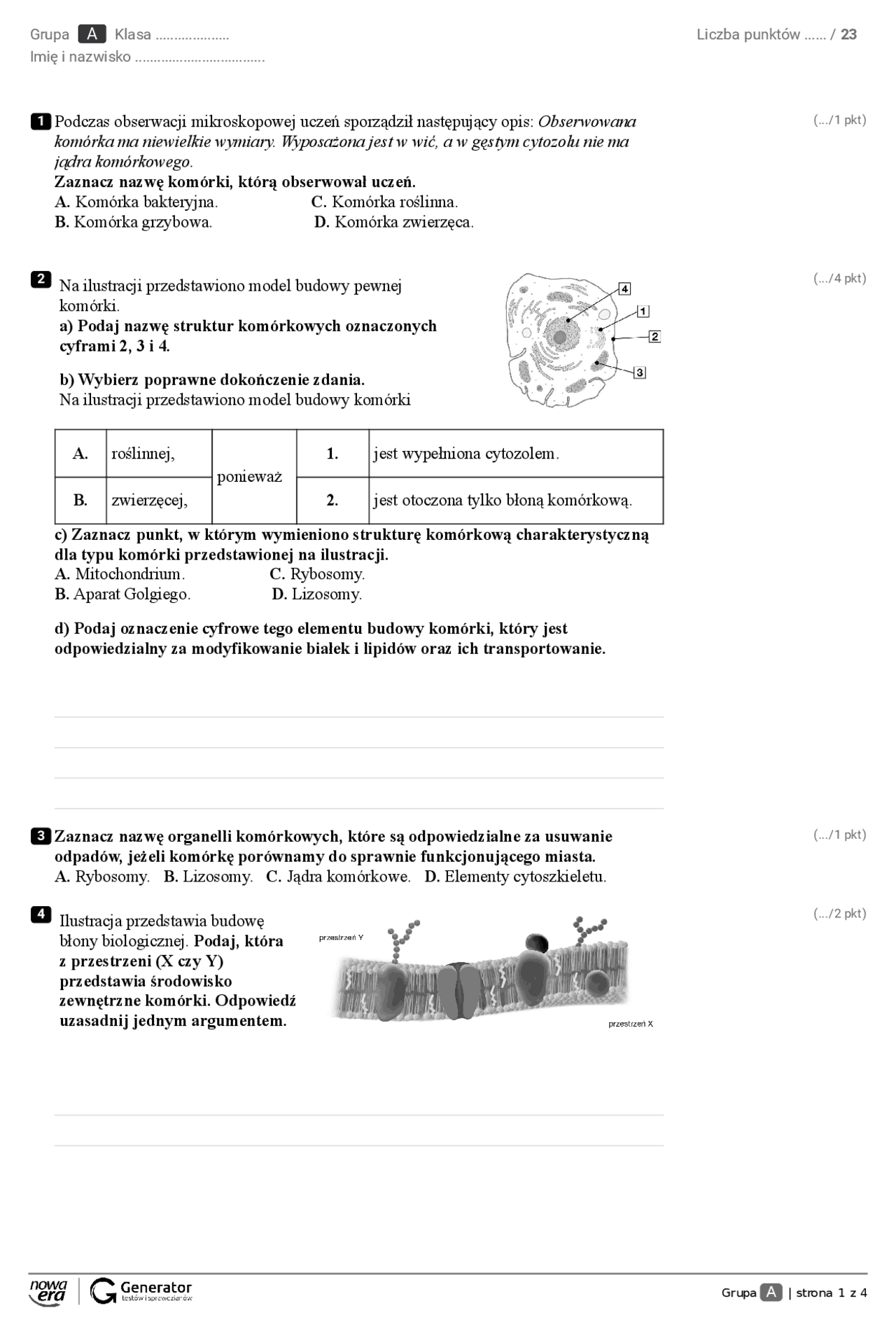 Sprawdzian Bioliga Klasa 2 Liceum Chemiczne Podstawy Zycia Komórka