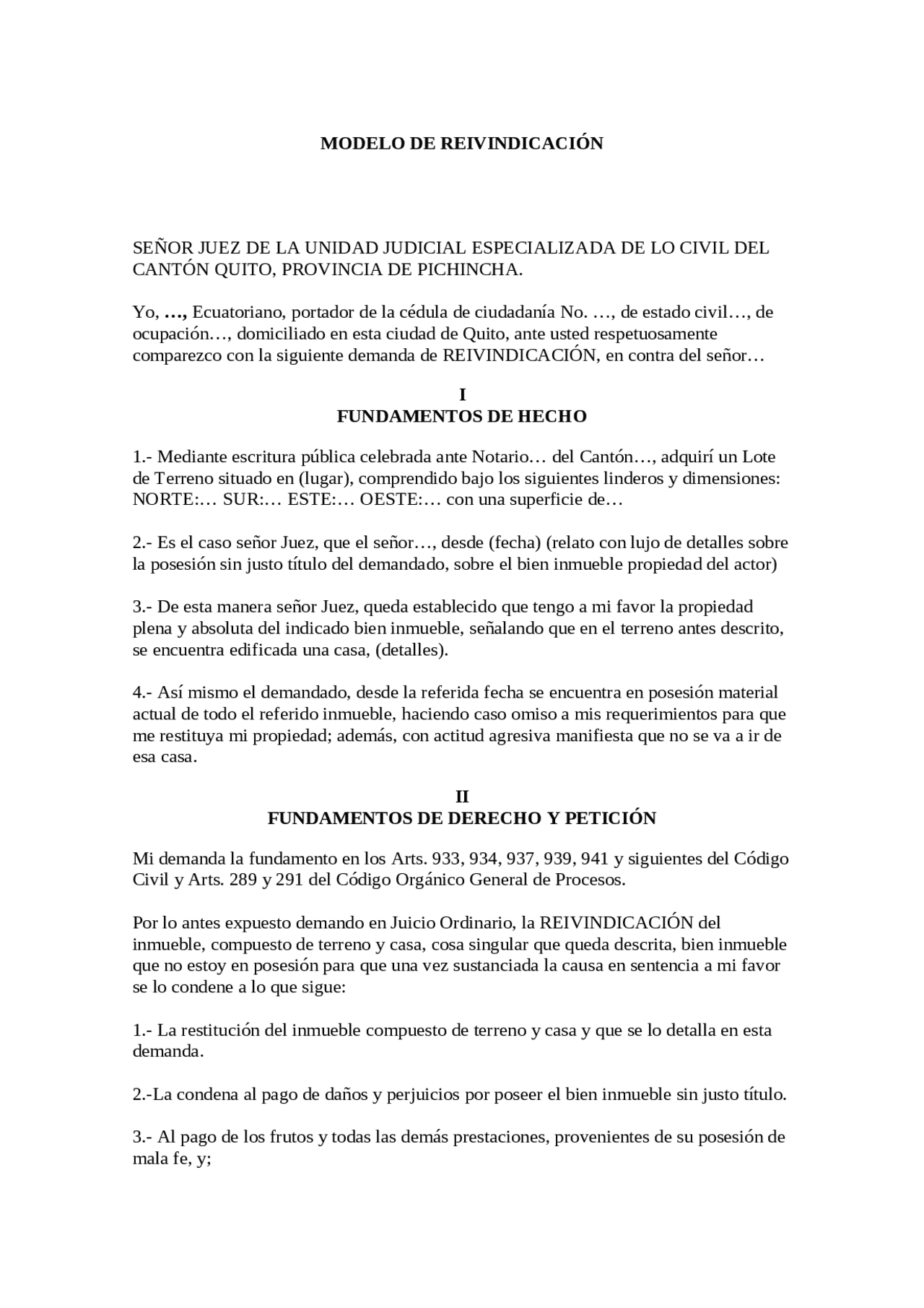 Demanda de Reivindicación de Propiedad | Resúmenes de Derecho | Docsity
