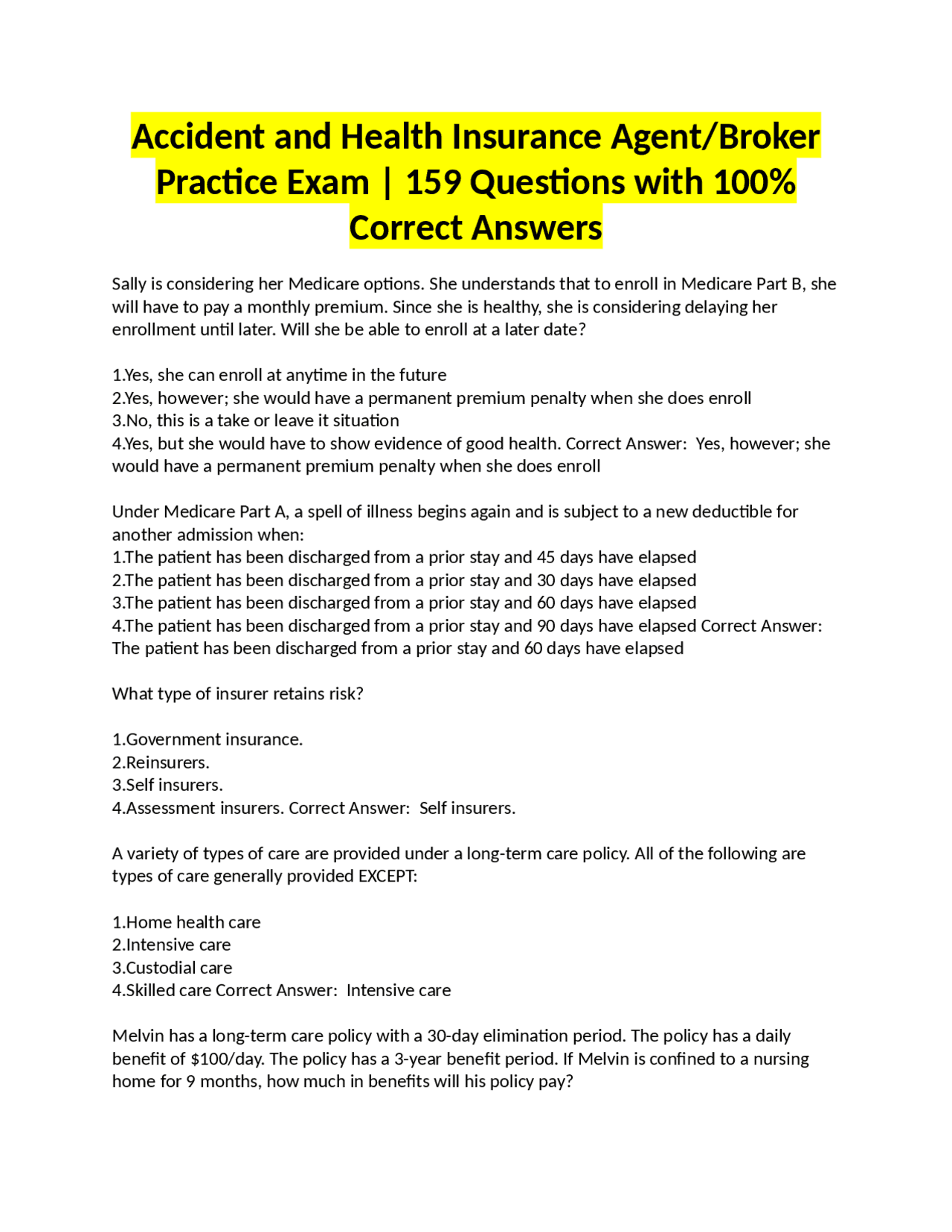 Accident and Health Insurance Agent/Broker Practice Exam | 159 ...