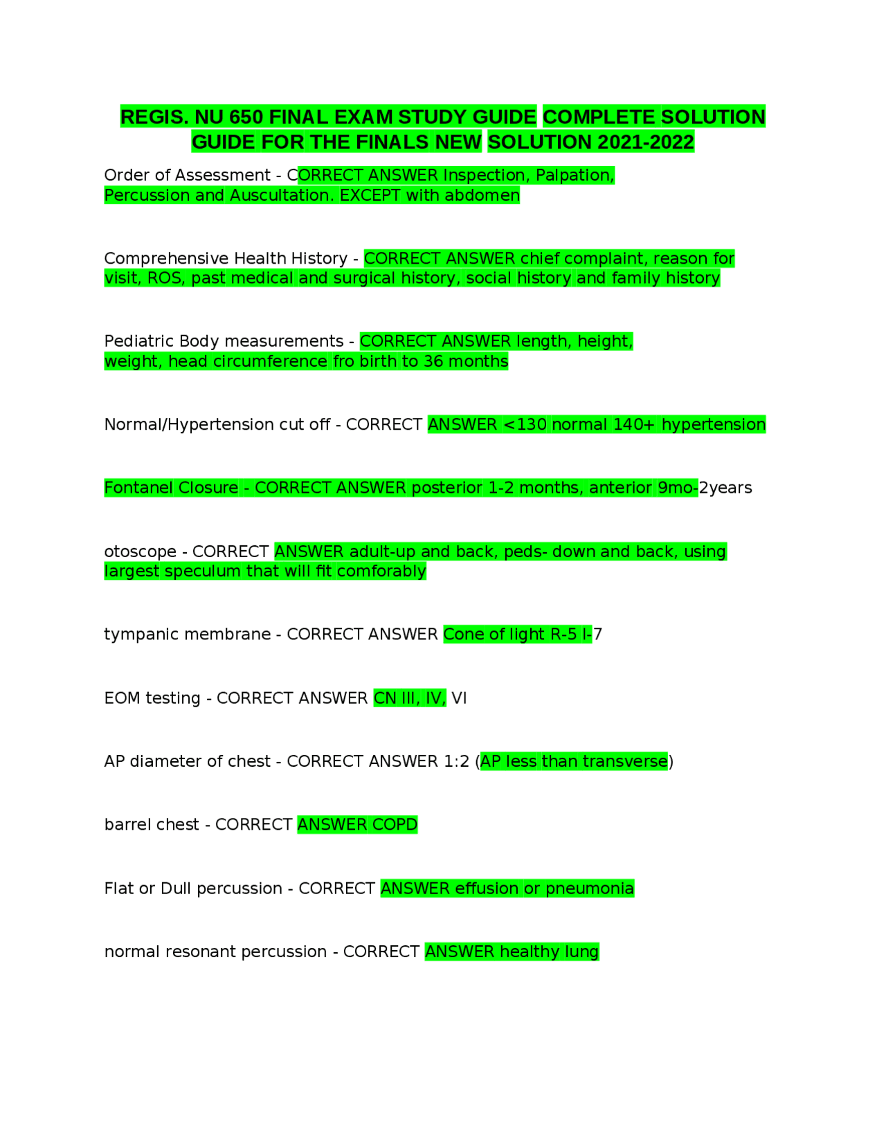REGIS. NU 650 FINAL EXAM STUDY GUIDE COMPLETE SOLUTION GUIDE FOR THE ...
