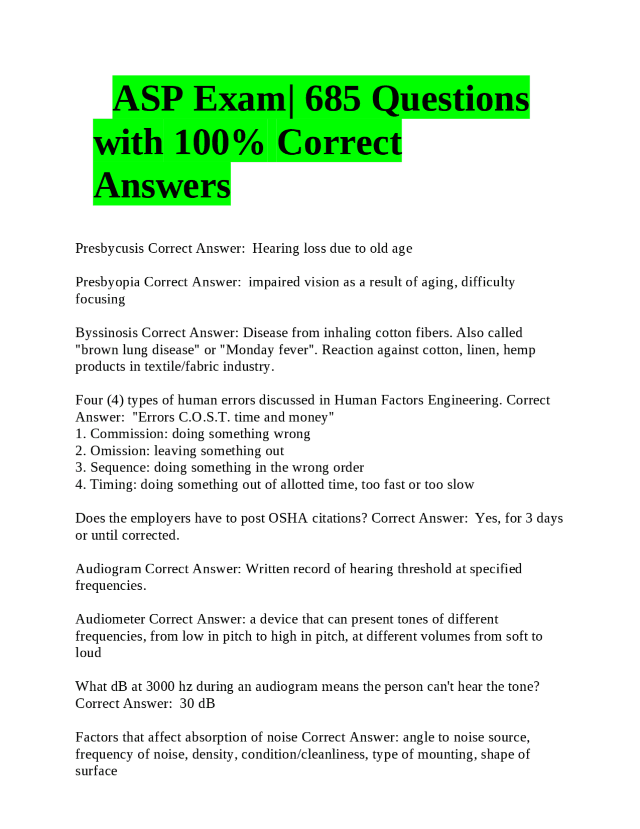 ASP Exam| 685 Questions with 100% Correct Answers | Exams Nursing | Docsity