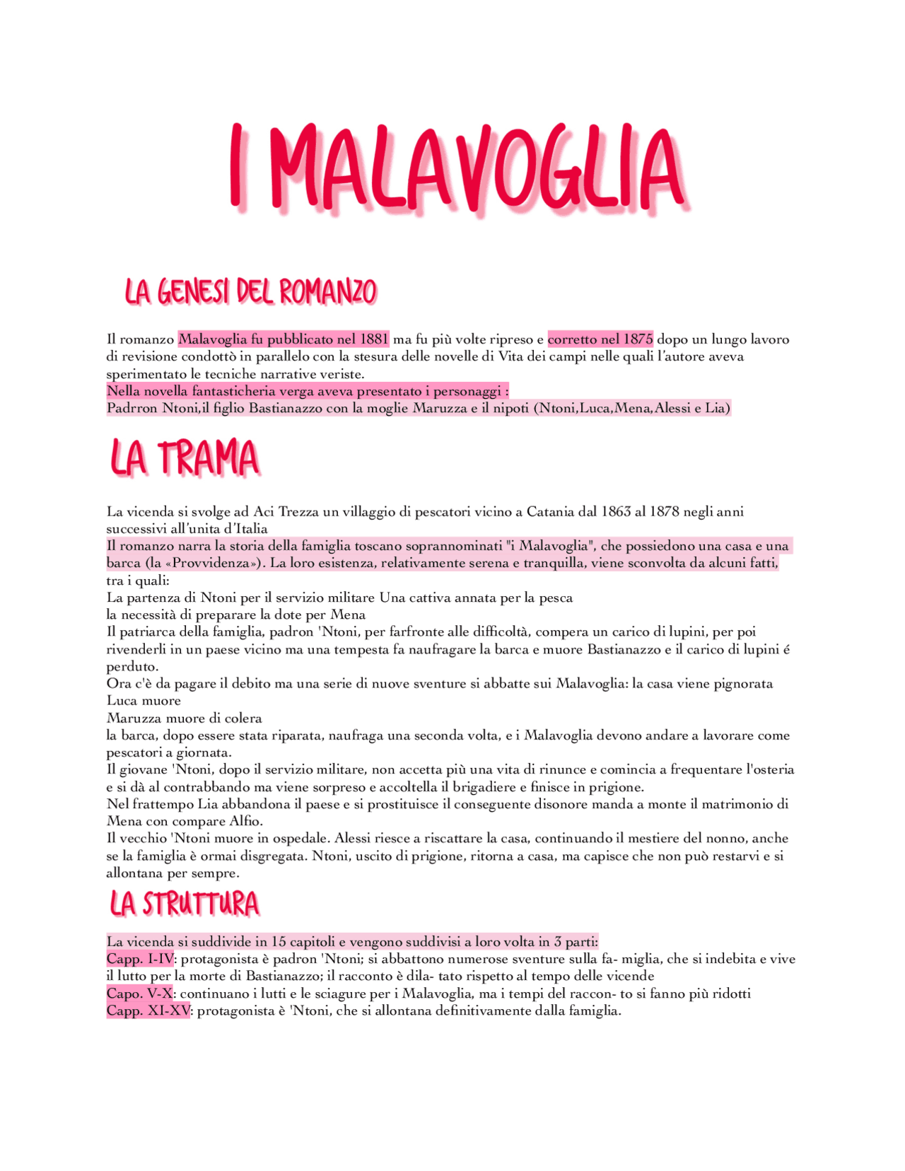 I malavoglia riassunti utili Appunti di Italiano Docsity