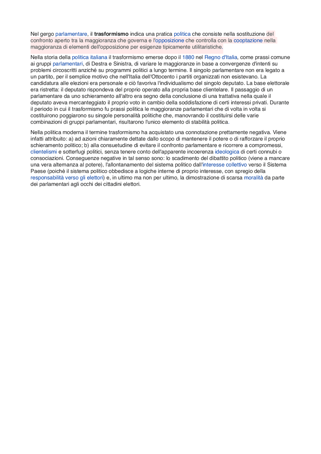 Il trasformismo politico Schemi e mappe concettuali di Storia Docsity