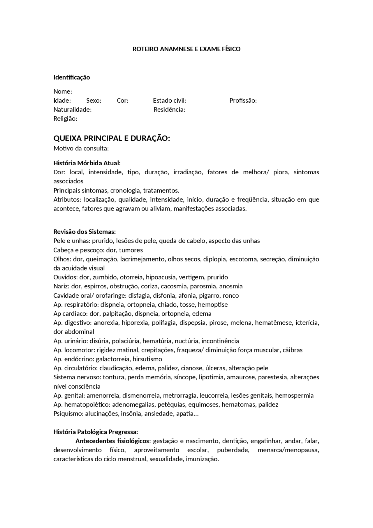Roteiro de Anamnese e Exame Físico | Schemi e mappe concettuali ...