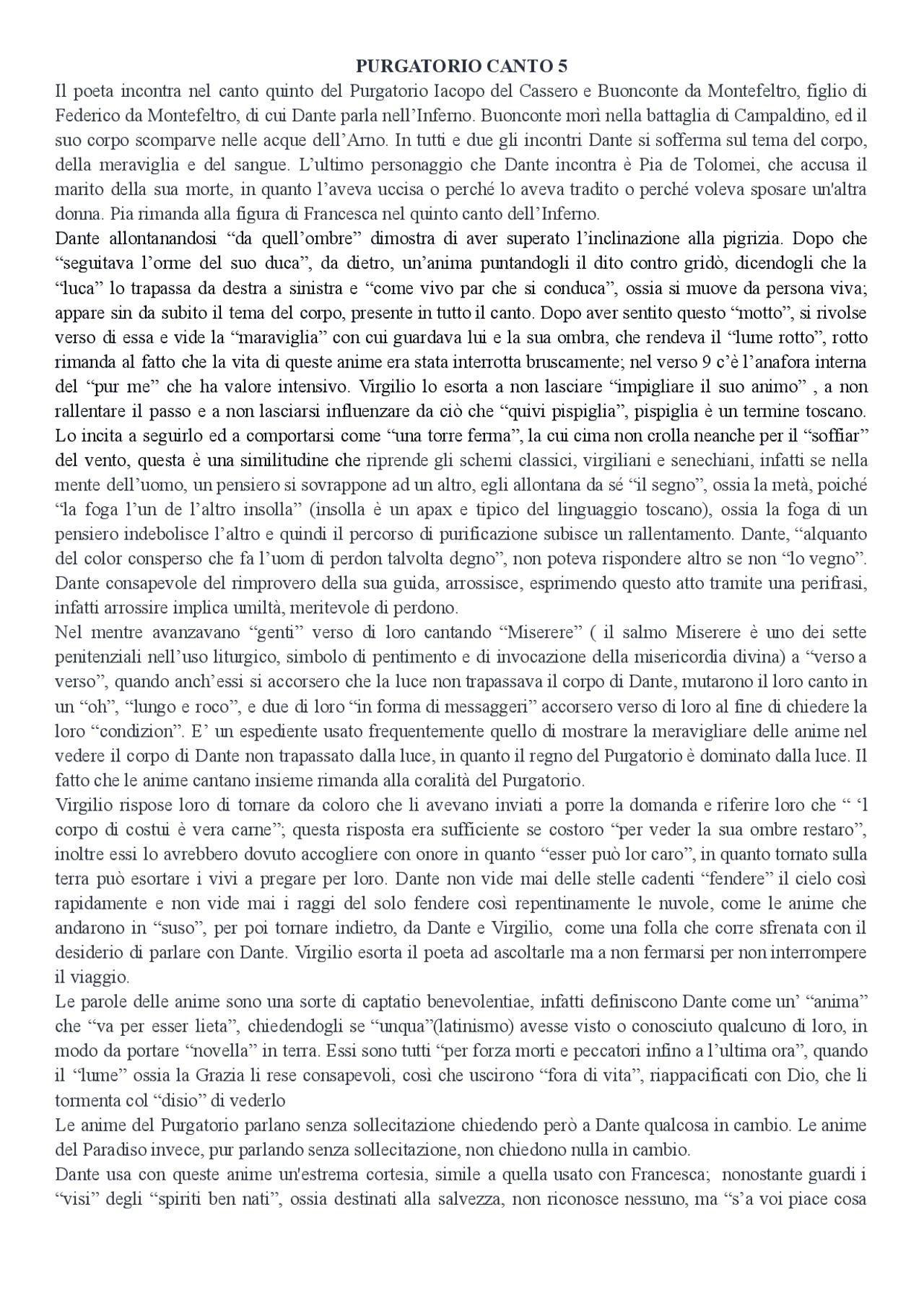 Spiegazione canto V Purgatorio Appunti di Italiano Docsity