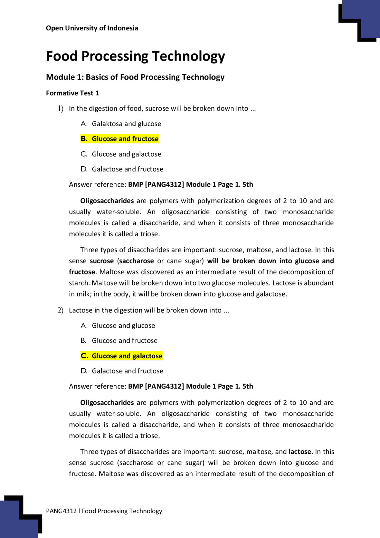 Foodtech Course Quiz Food Processing Technology Formative Test Discussion | Exercises Food ...