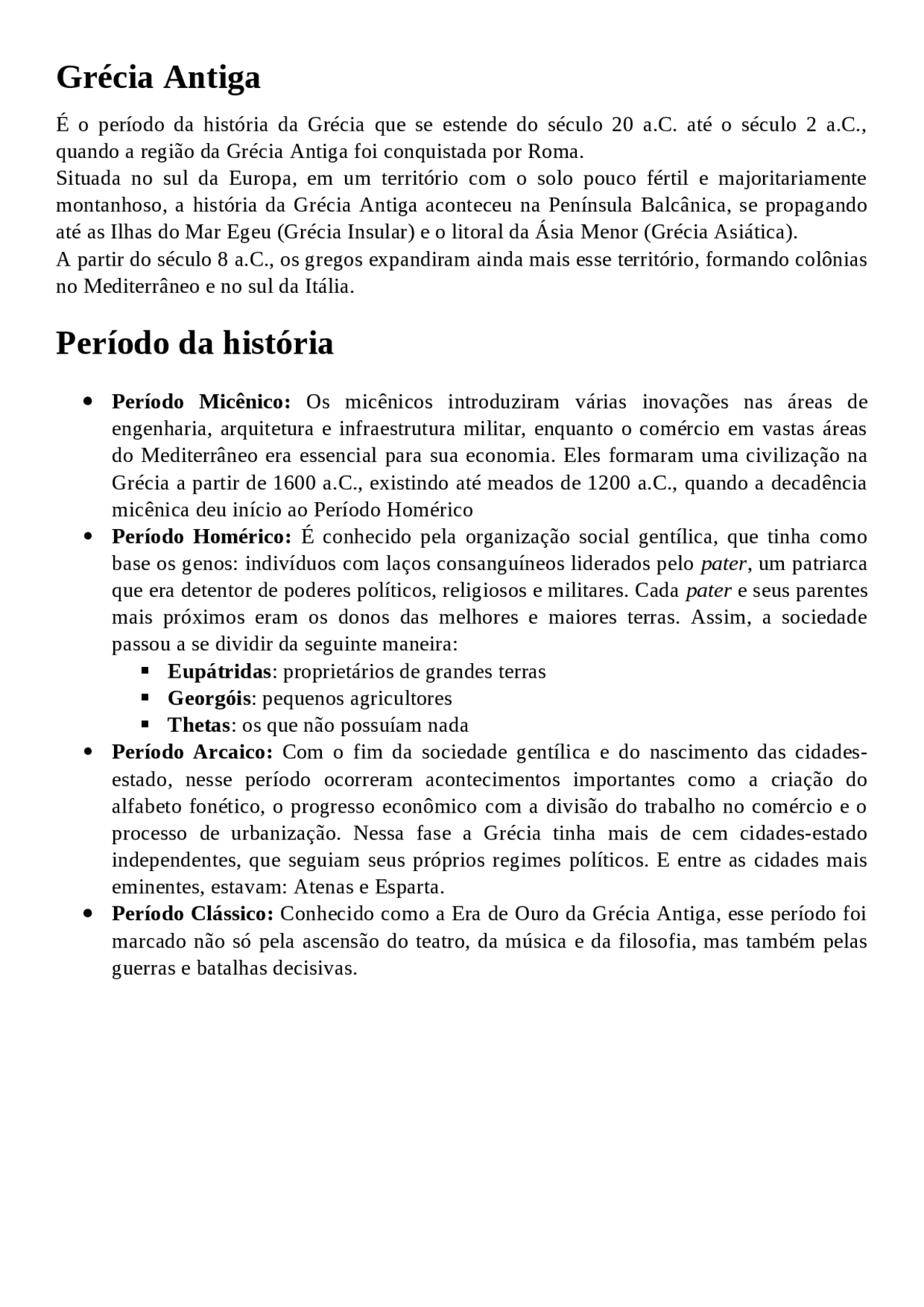 Resumo sobre a Grécia Antiga | Resumos Artes | Docsity