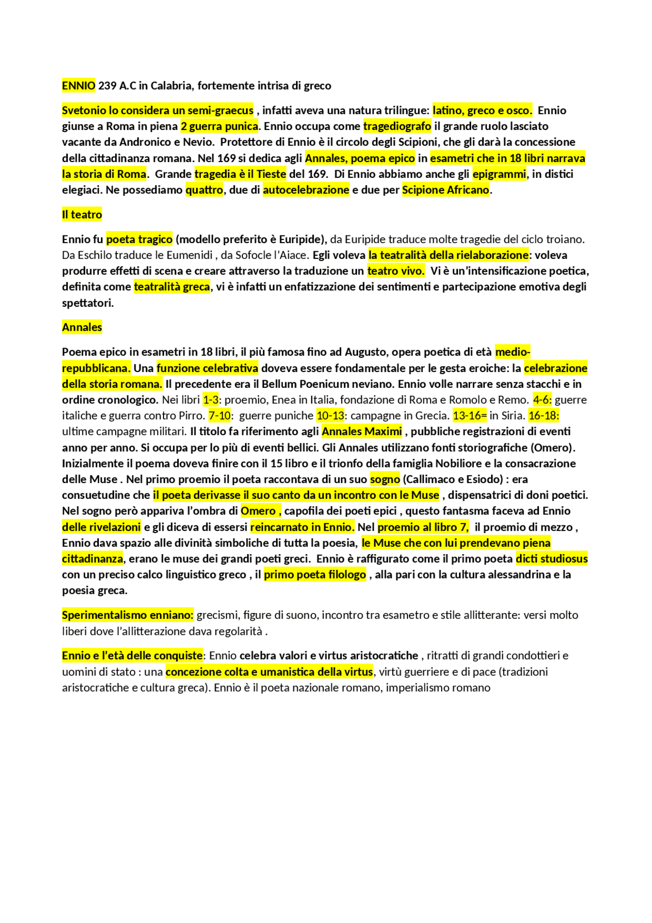 Ennio riassunto letteratura Dispense di Letteratura latina Docsity