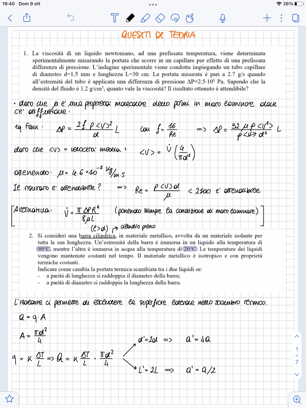 Esercizi esame fenomeni di trasporto 2022 Prove d'esame di Fenomeni
