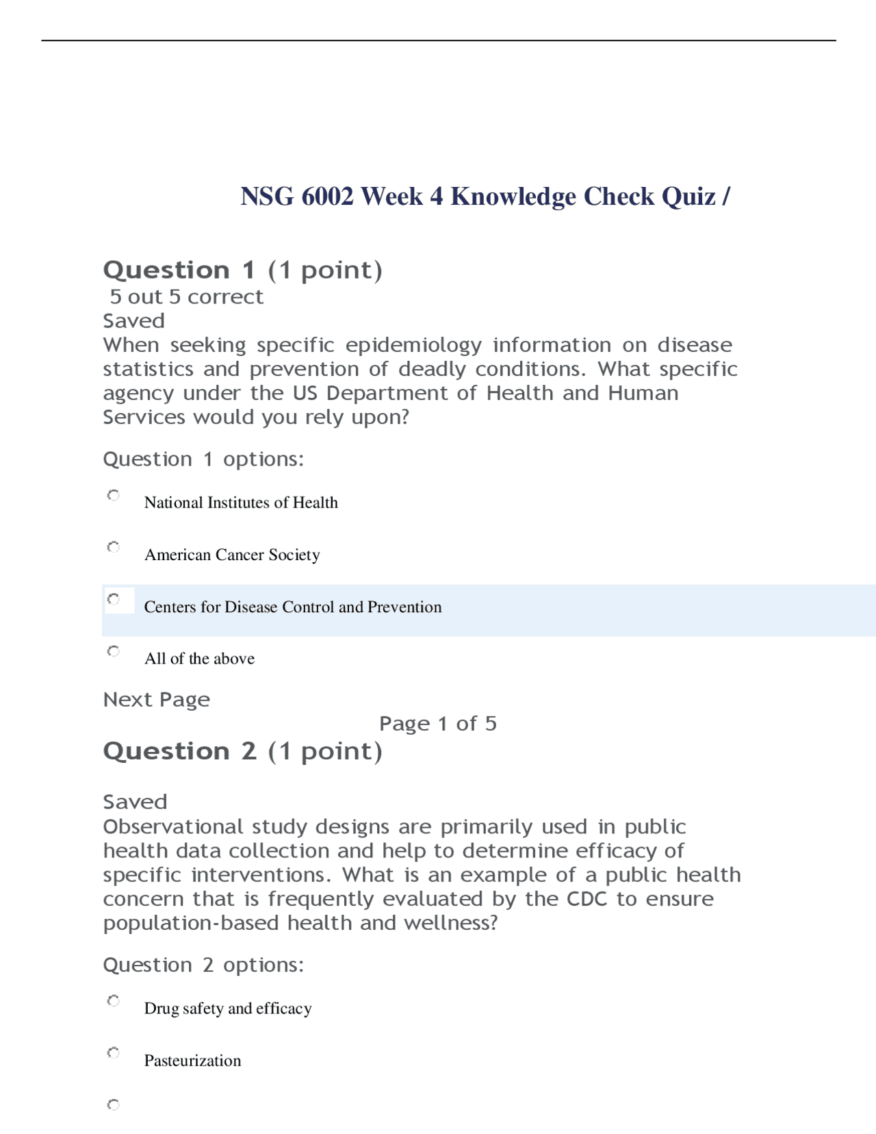NSG 6002 Week 4 Knowledge Check Quiz | Exams Nursing | Docsity