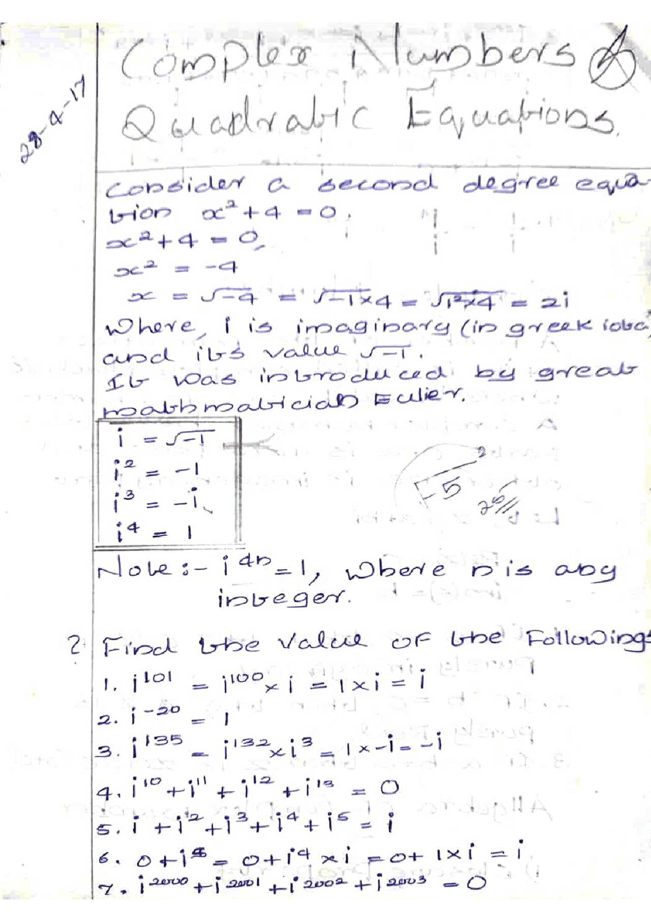 COMPLEX NUMBERS AND QUADRATIC EQUATUONS | Study notes Mathematics | Docsity