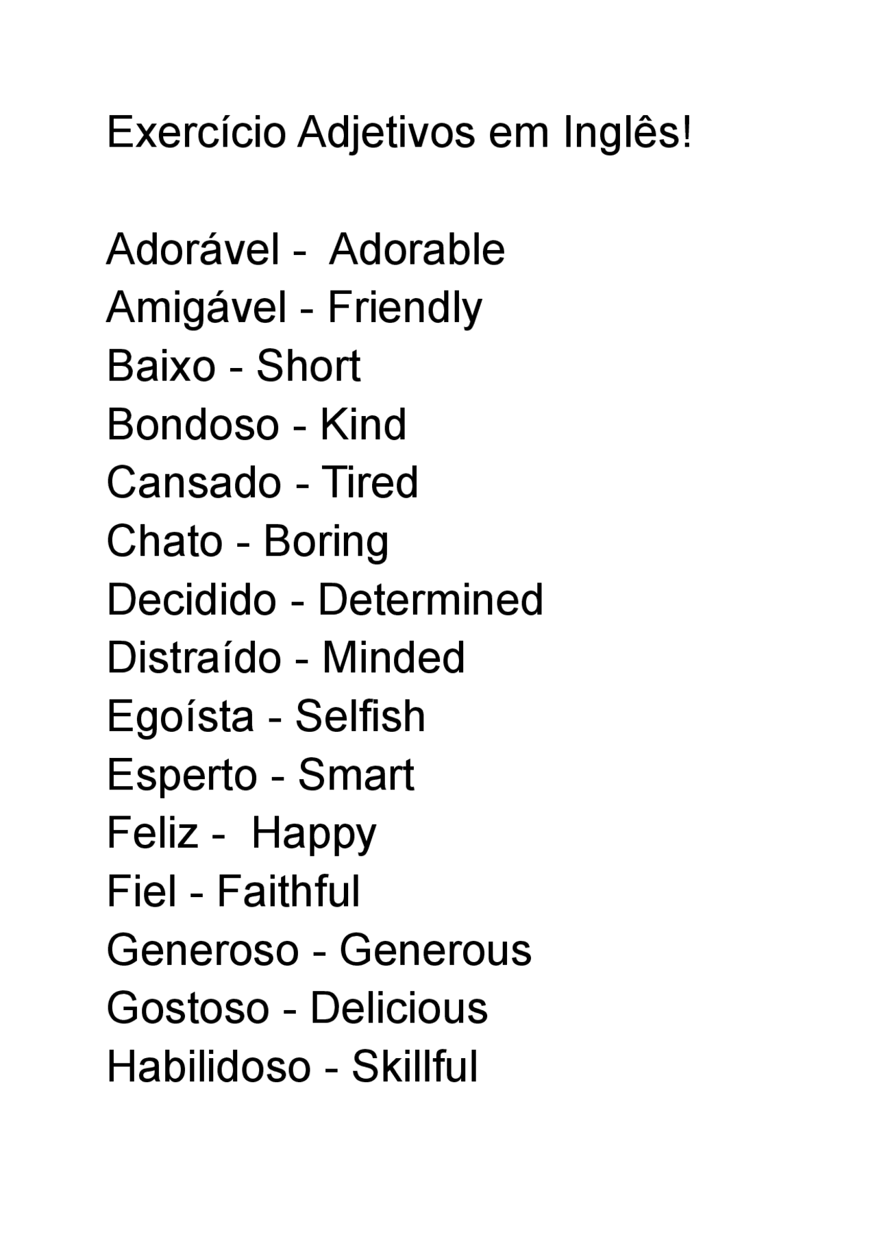 Exercício sobre Adjetivos em inglês | Exercícios Inglês | Docsity