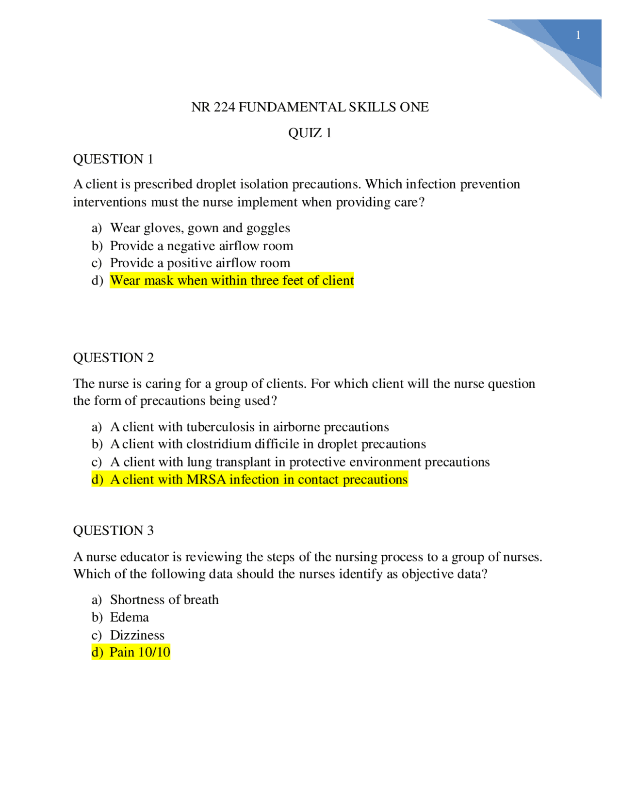 NR 224 FUNDAMENTAL SKILLS ONE QUIZ 1 GRADED A PLUS | Exams Nursing | Docsity