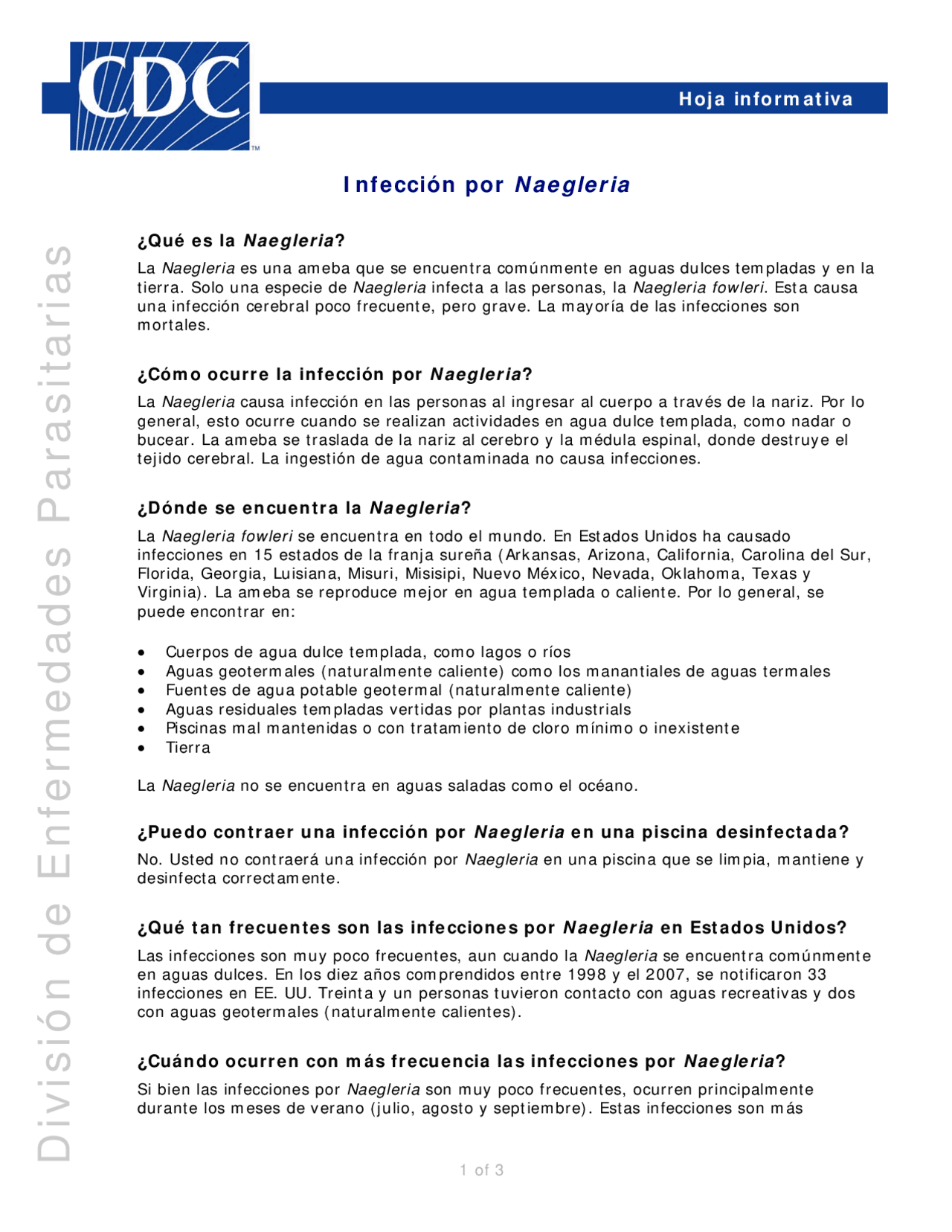 Naegleria Fact Sheet in Spanish Apuntes de Genética Docsity