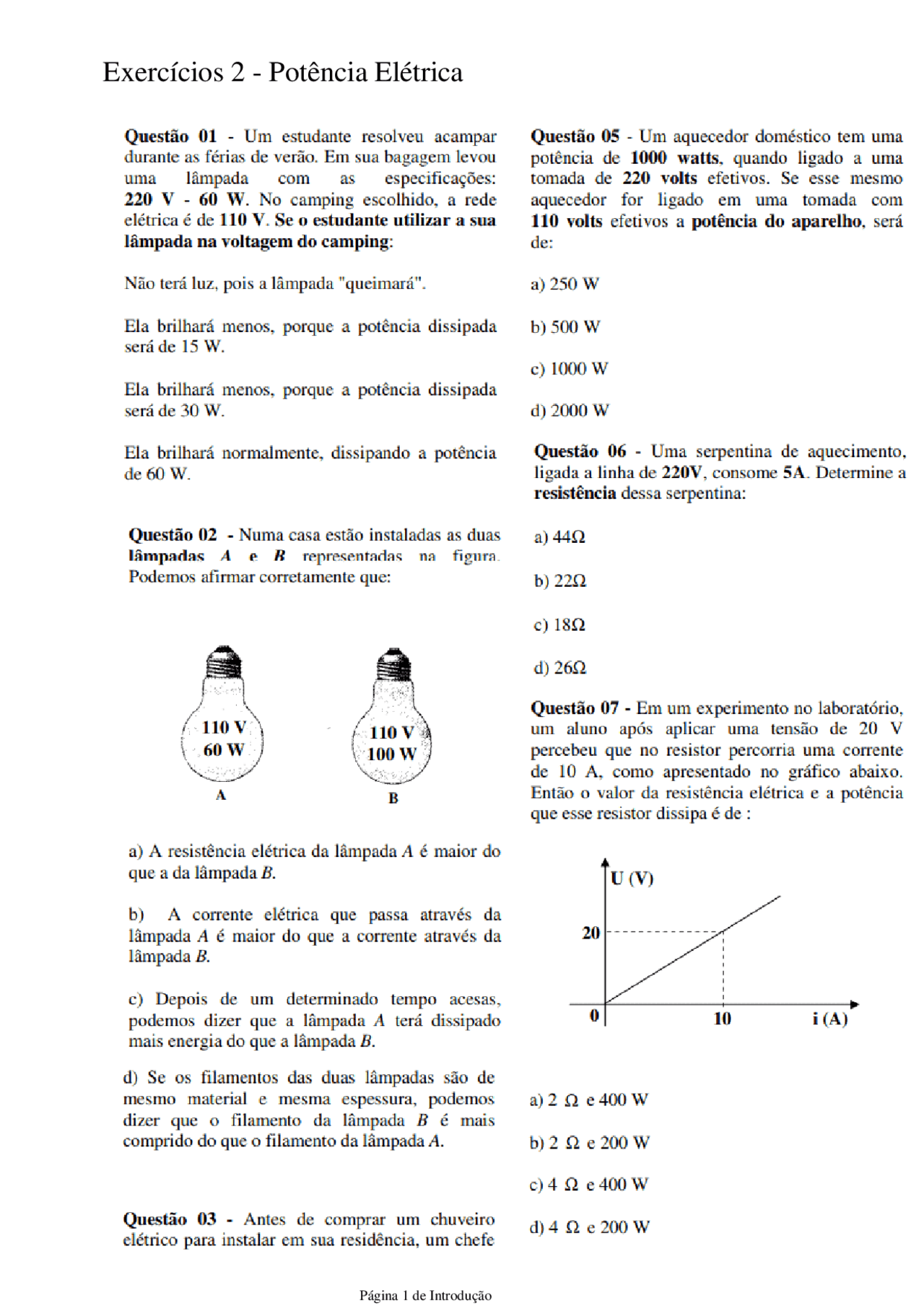 Lista de Exercícios - Potência Elétrica | Exercícios Física para Ensino ...