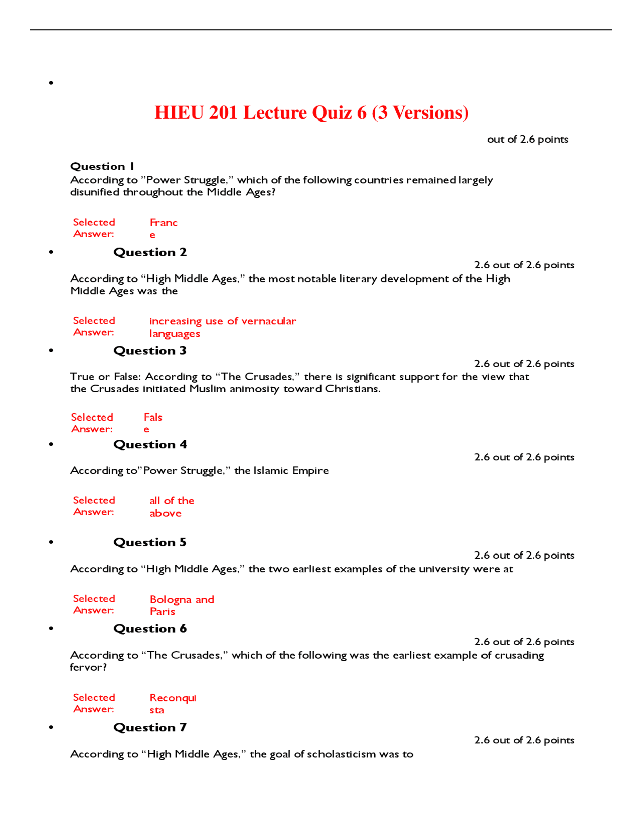HIEU 201 Lecture Quiz 6 (3 Versions) Exams History Docsity