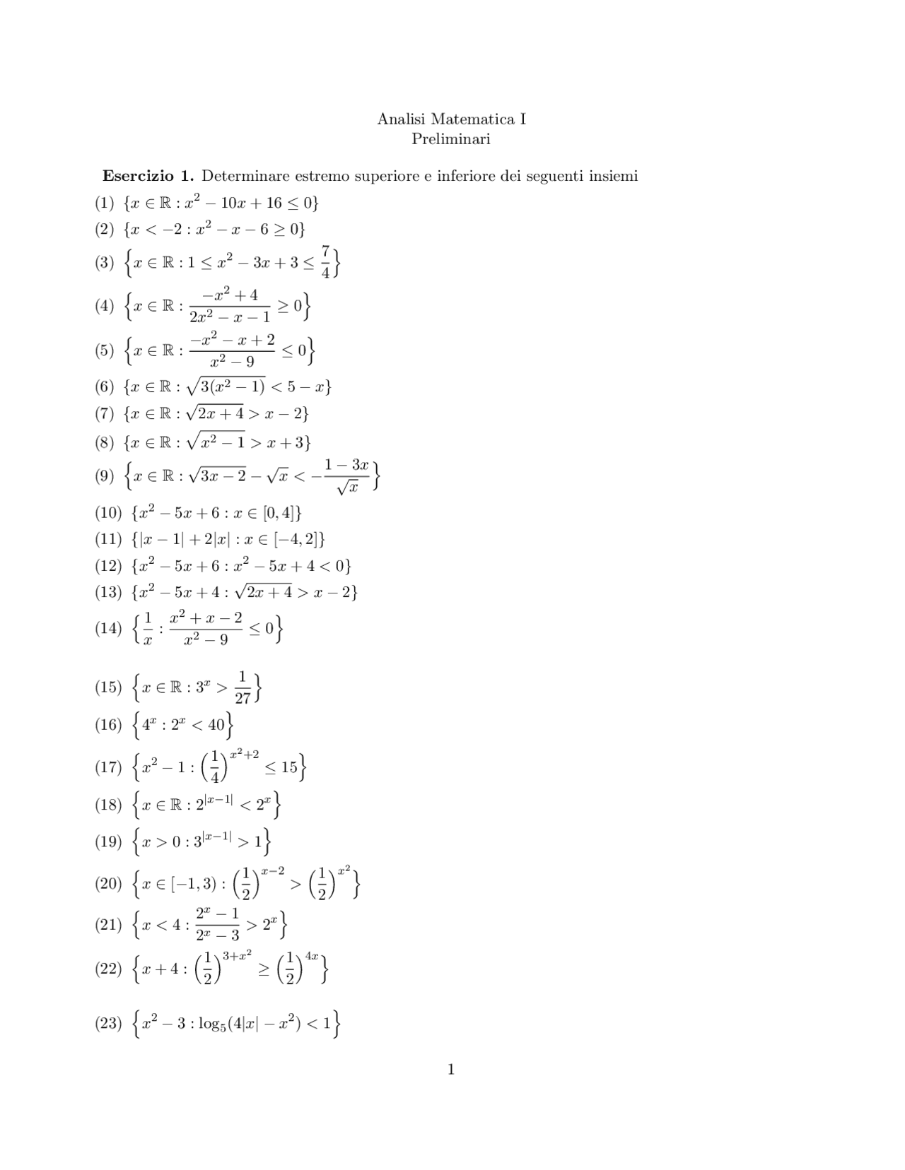 Testo Esercizi Preliminari Esercizi di Analisi