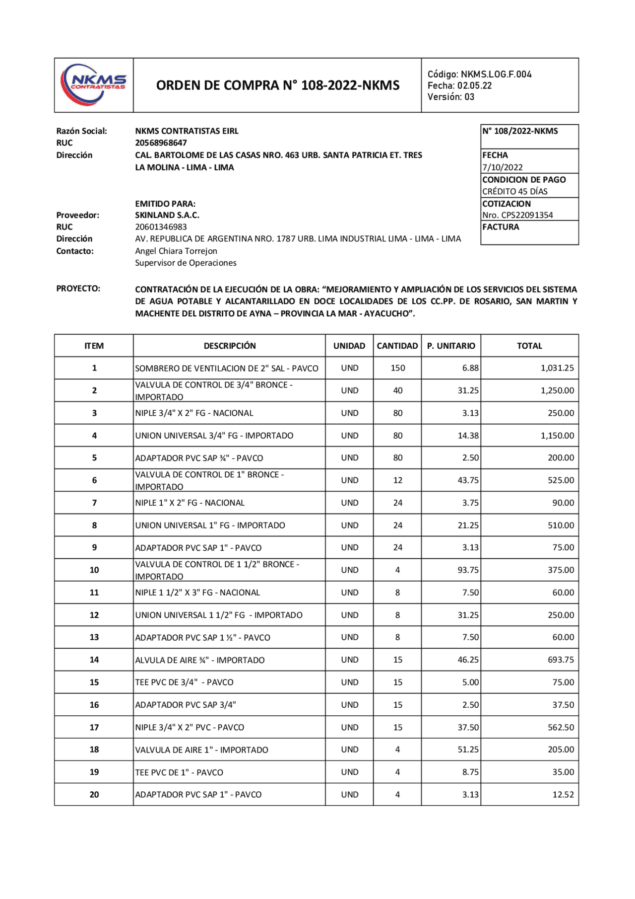 Orden de compra para la obra mejoramiento y ampliacion | Resúmenes de ...
