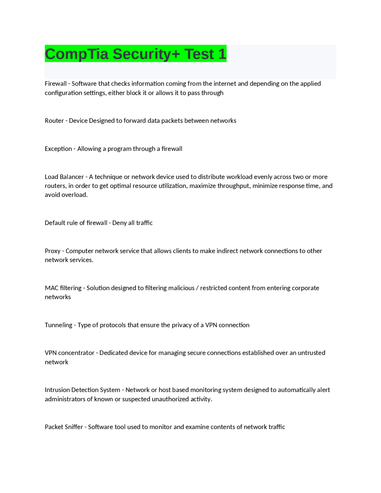 CompTia Security+ Test 1 | Exams Computer Science | Docsity