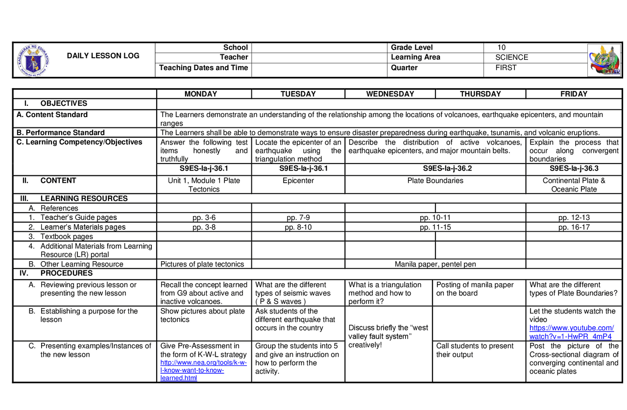Daily Lesson Log Science 10 | Summaries Earth science | Docsity