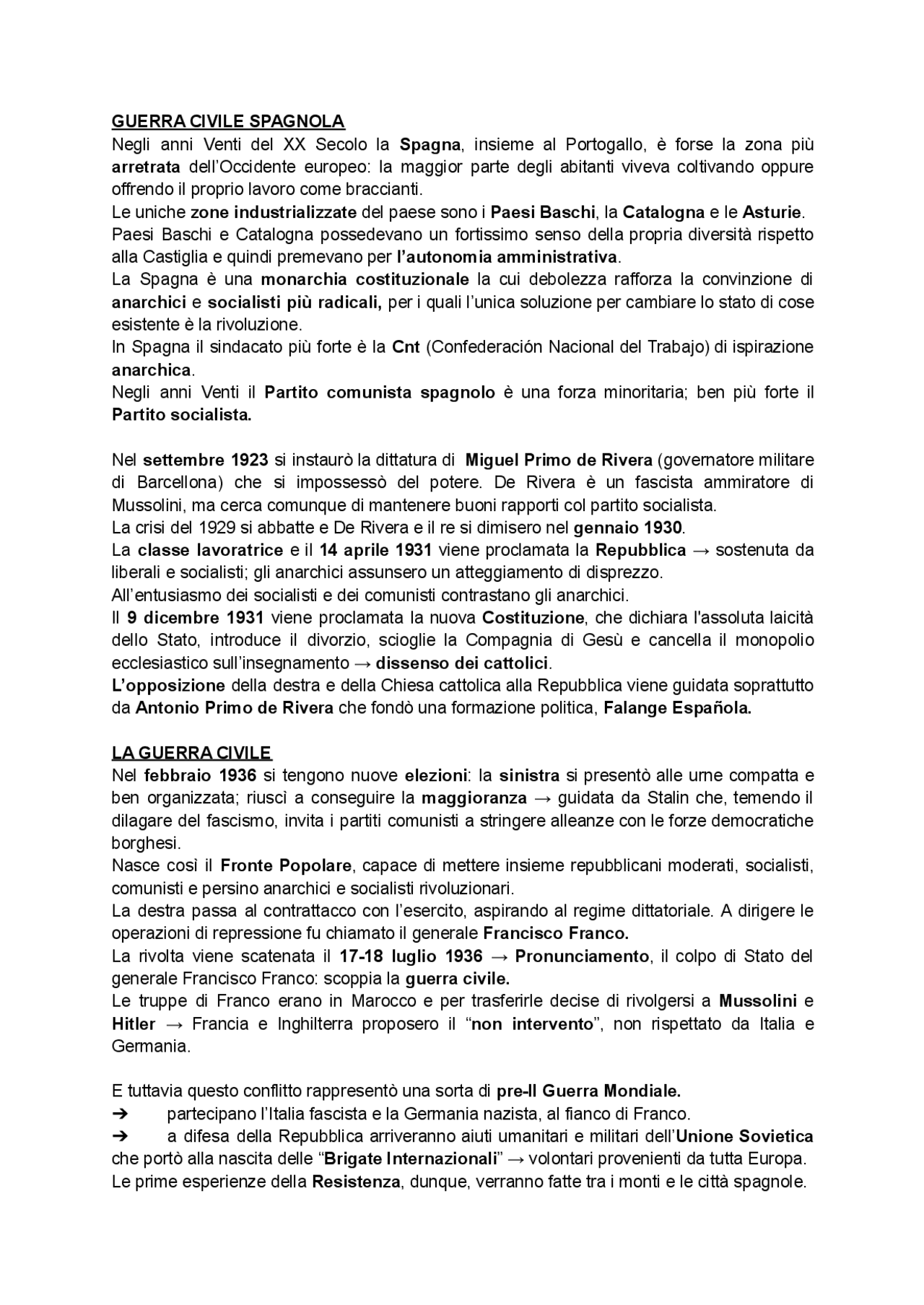 GUERRA CIVILE SPAGNOLA (Maturità, Storia) Appunti di Storia Docsity