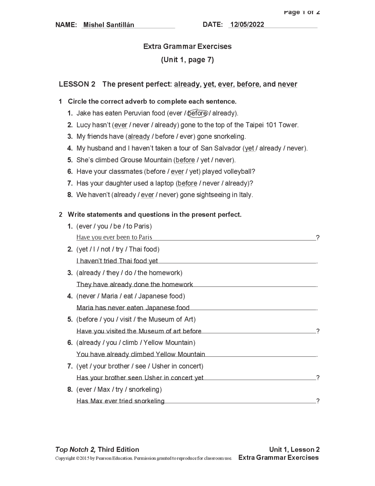 Unit 01 Extra Grammar Exercises Lesson 2 3rd Top Notch 2 Ejercicios Unit 01 Extra Grammar Exercises Lesson 2 3rd Top Notch 2 Ejercicios