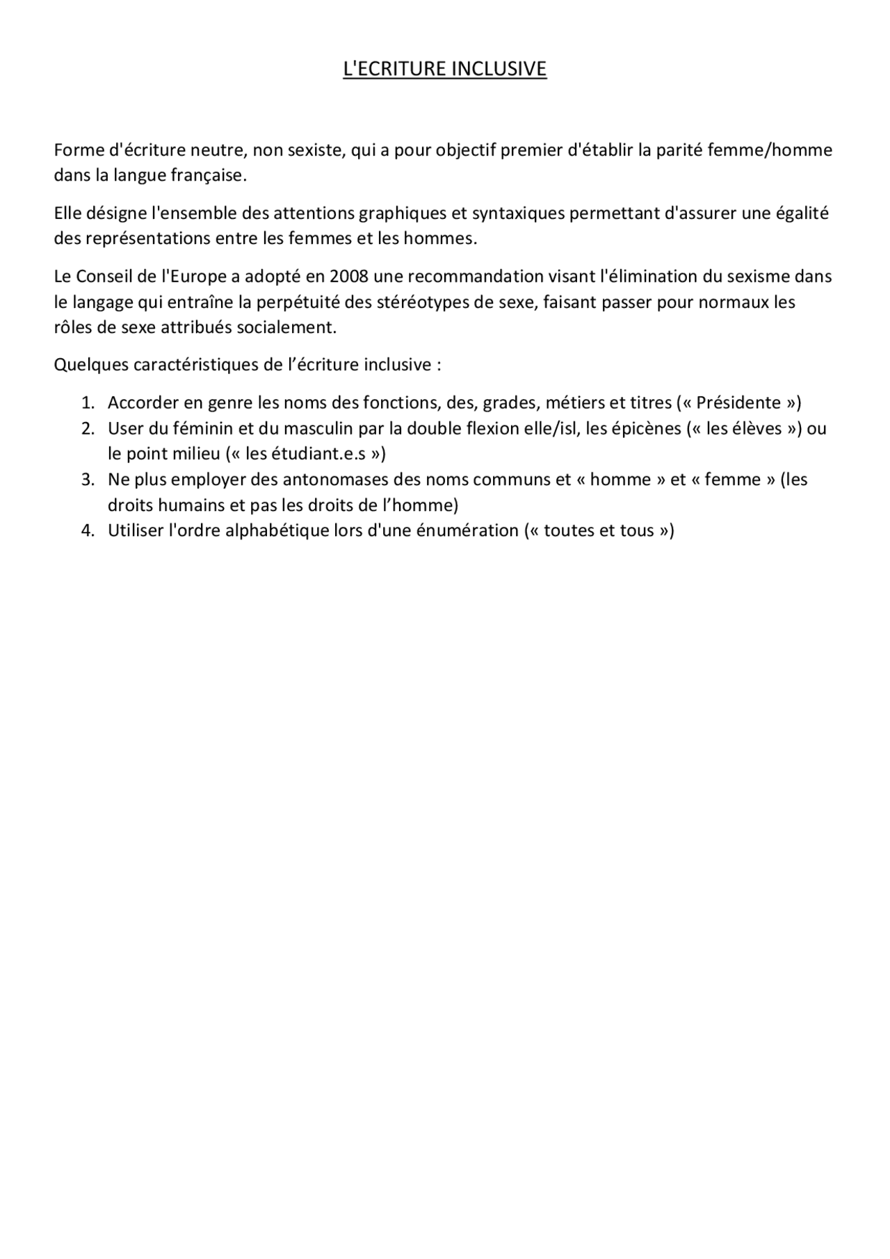 Écriture Inclusive, riassunto | Appunti di Lingua Francese | Docsity