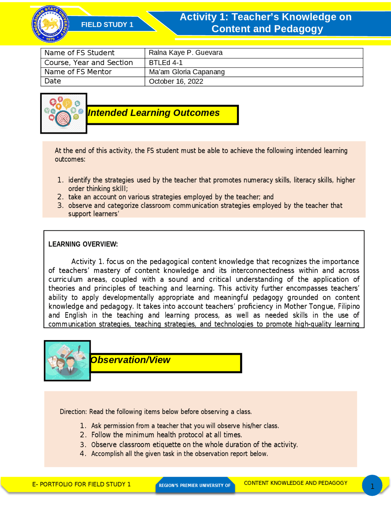 Field Study Observation Activity 1 | Assignments Science education ...