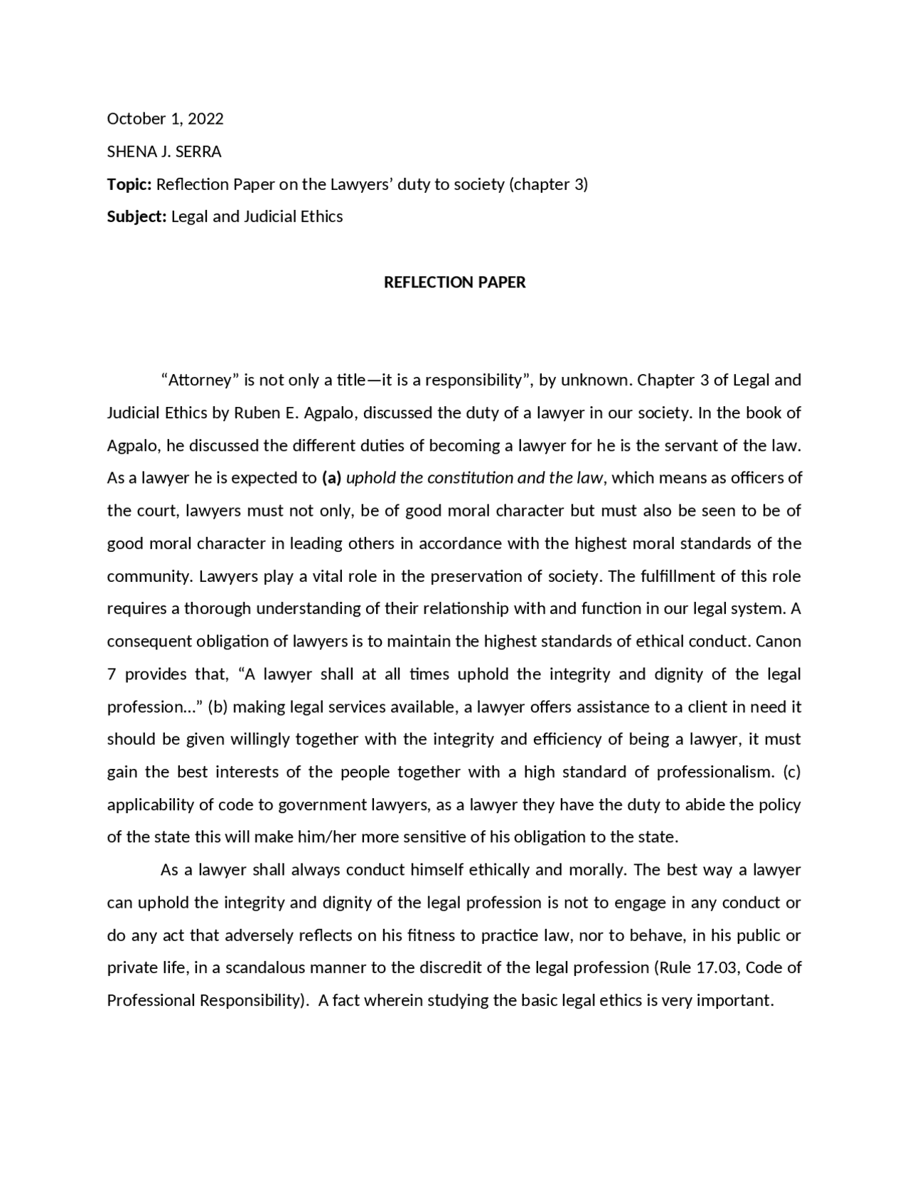 Issue Reflection Legal System Reflection paper on basic legal | Summaries Biology | Docsity