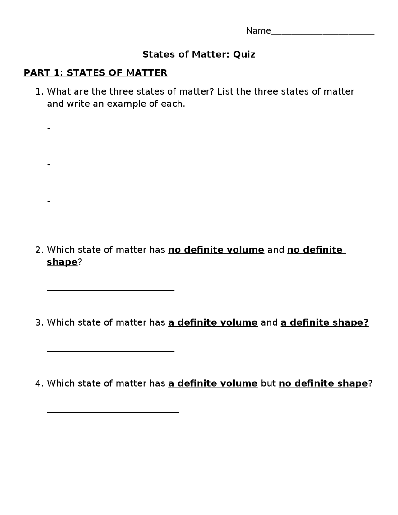 States of matter quiz | Quizzes Earth science | Docsity