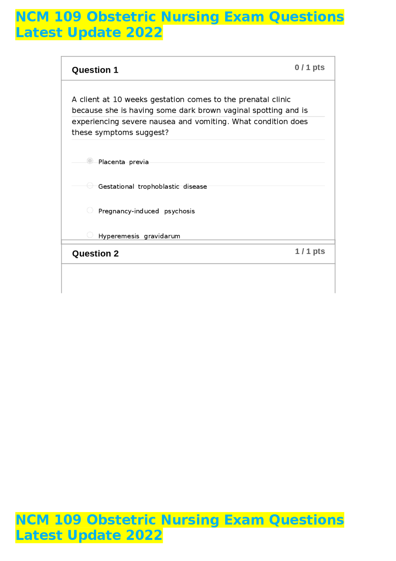 NCM 109 Obstetric Nursing Exam Questions Latest Update 2022 Exams