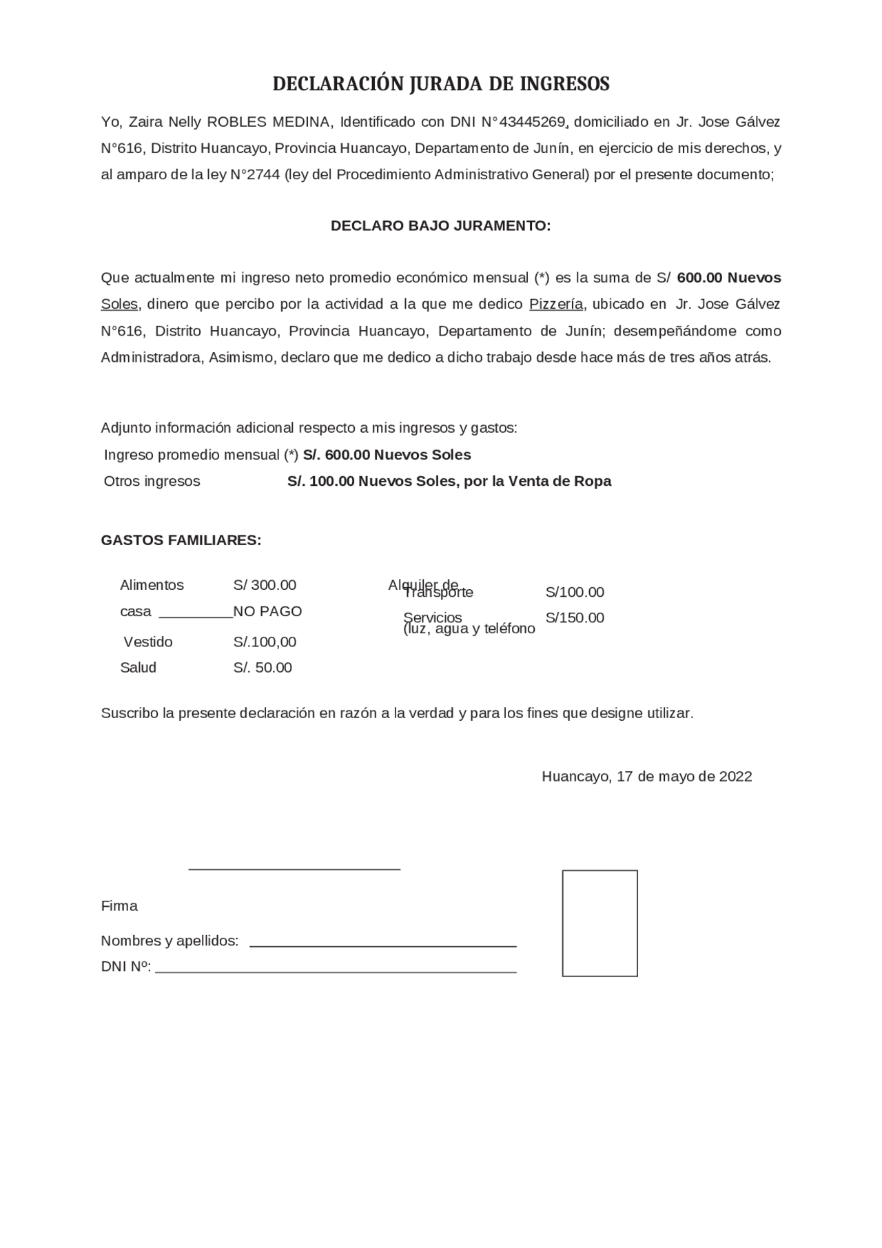 DECLARACION JURADA DE INGRESOS | Apuntes de Derecho Civil | Docsity