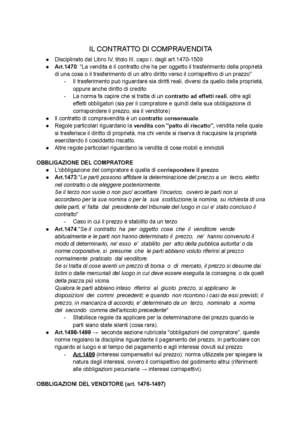 Compravendita CONTRATTO DI COMPRAVENDITA | Sintesi del corso di Diritto Privato | Docsity