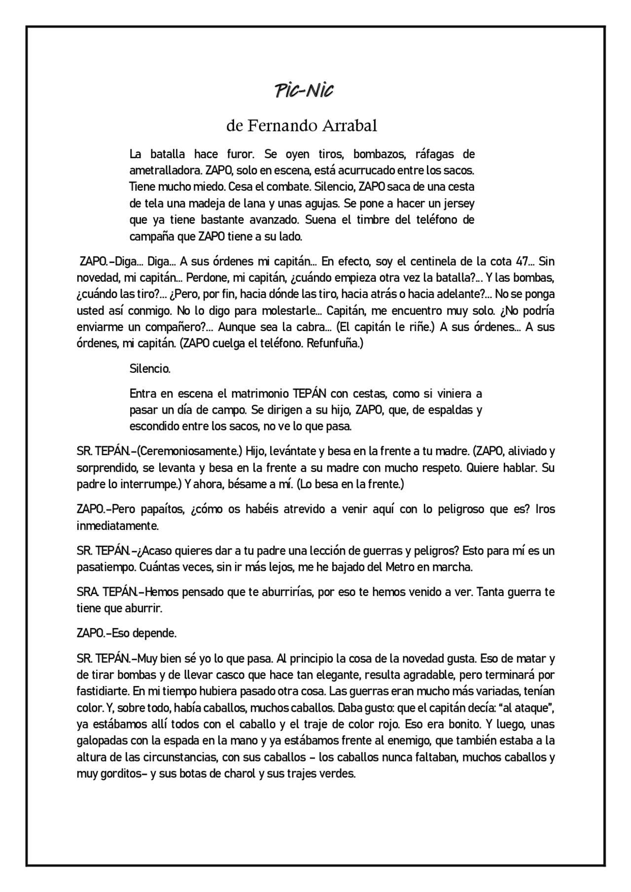 Picnic de Fernando arrabal Cheat Sheet Literature Docsity