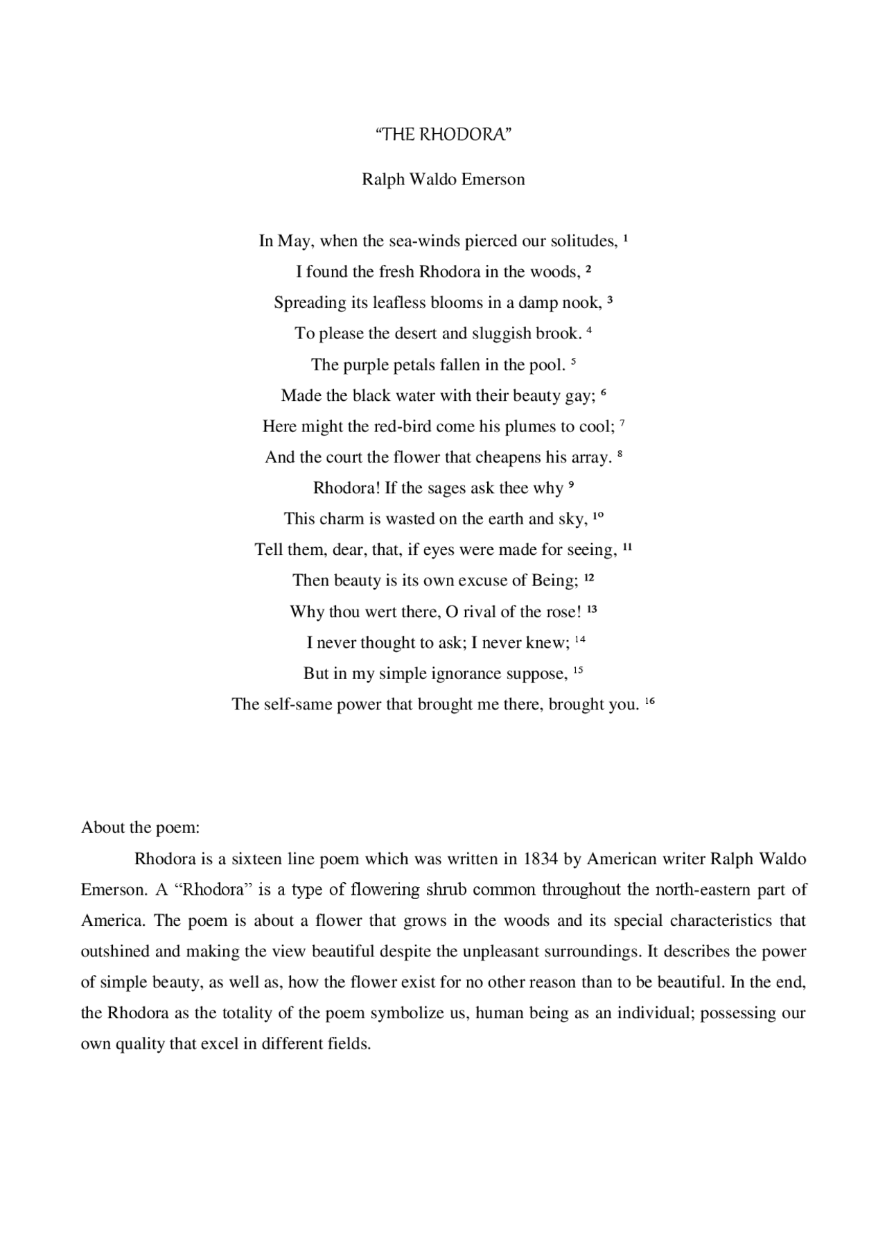 Phonological analysis of the rhodora by Ralph waldo Emerson